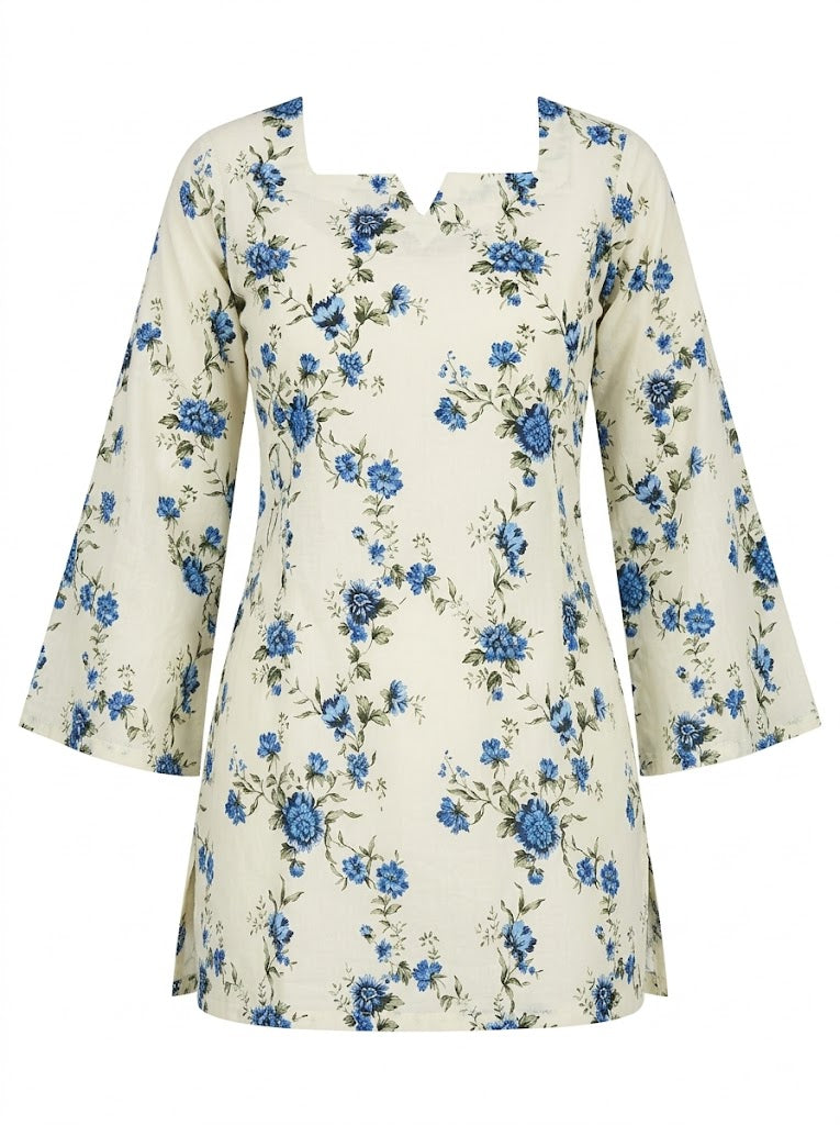 Vintage Blue Floral Print Corset-Style Short Kurta | Indo-Western Top