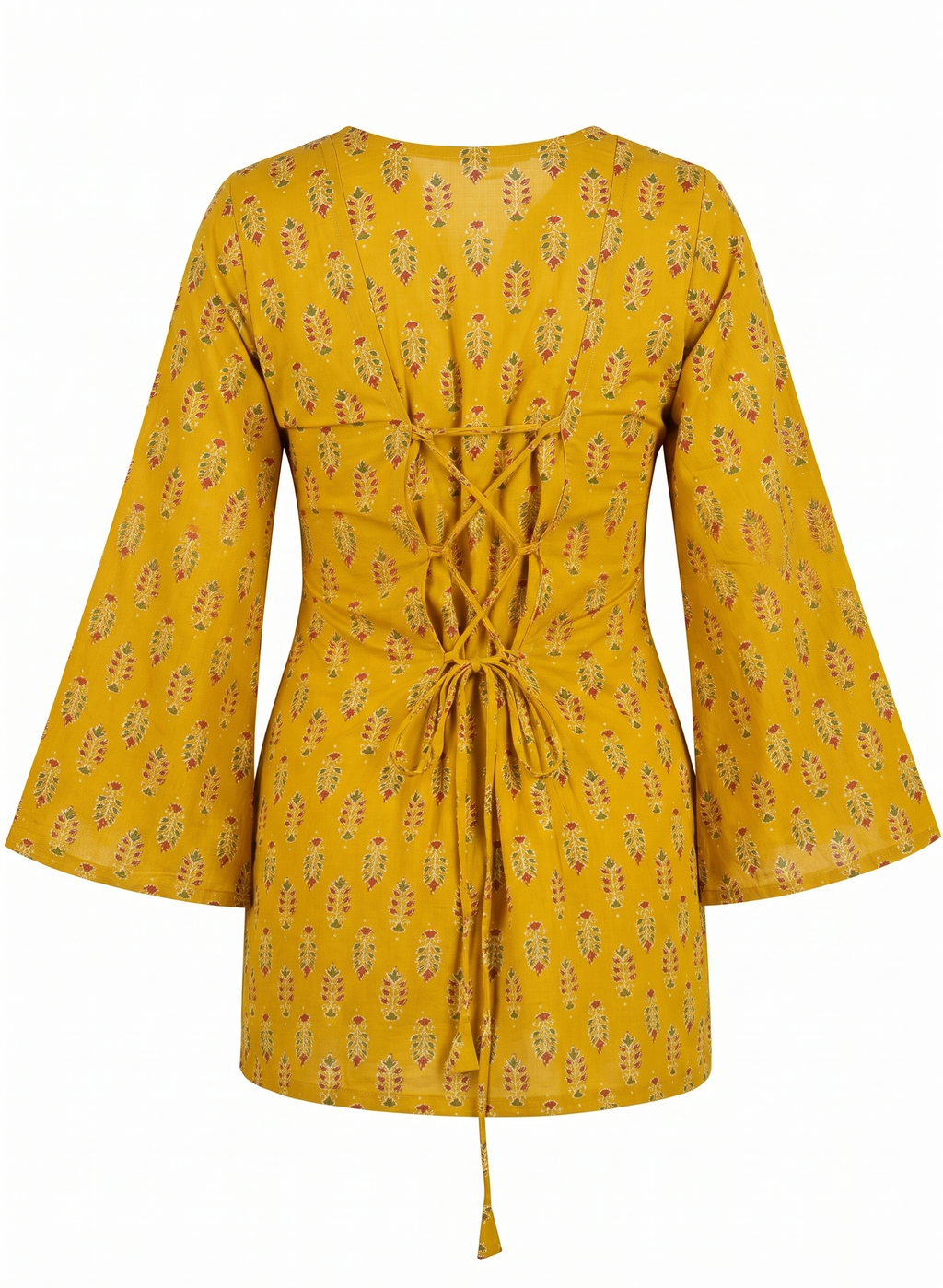 Mustard Yellow Printed Short Kurti with Corset Back Tie & Bell Sleeves