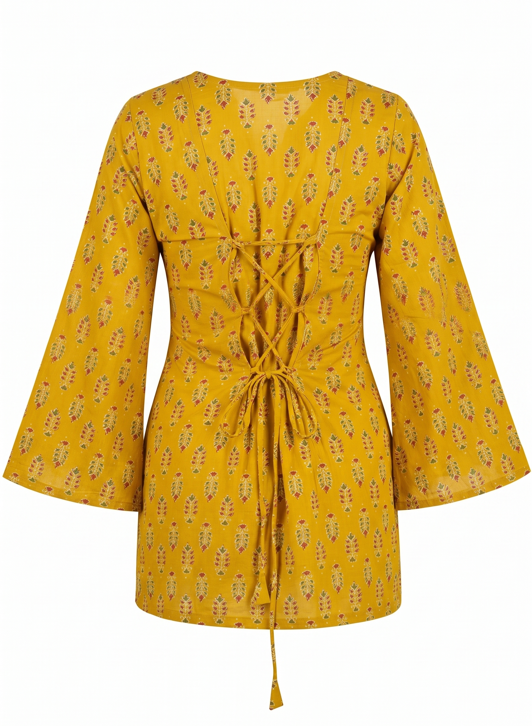 Mustard Yellow Printed Short Kurti with Corset Back Tie & Bell Sleeves