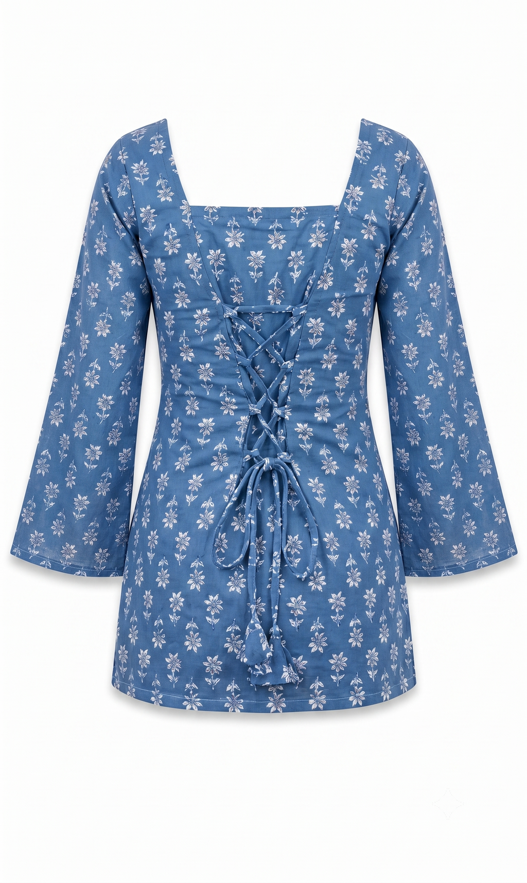 Indigo Blue Floral Print Square Neck Tunic with Lace-Up Corset Back
