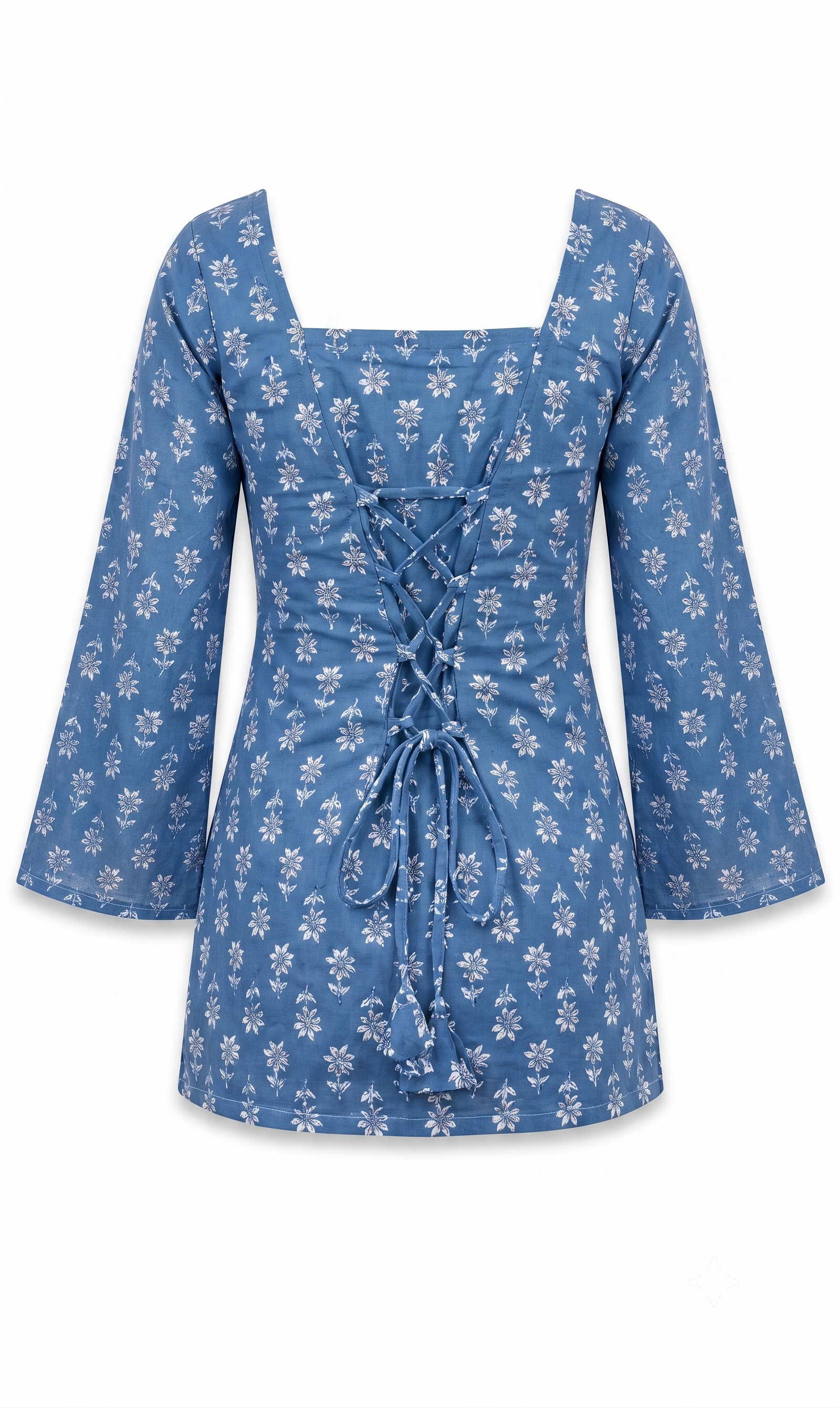 Indigo Blue Floral Print Square Neck Tunic with Lace-Up Corset Back