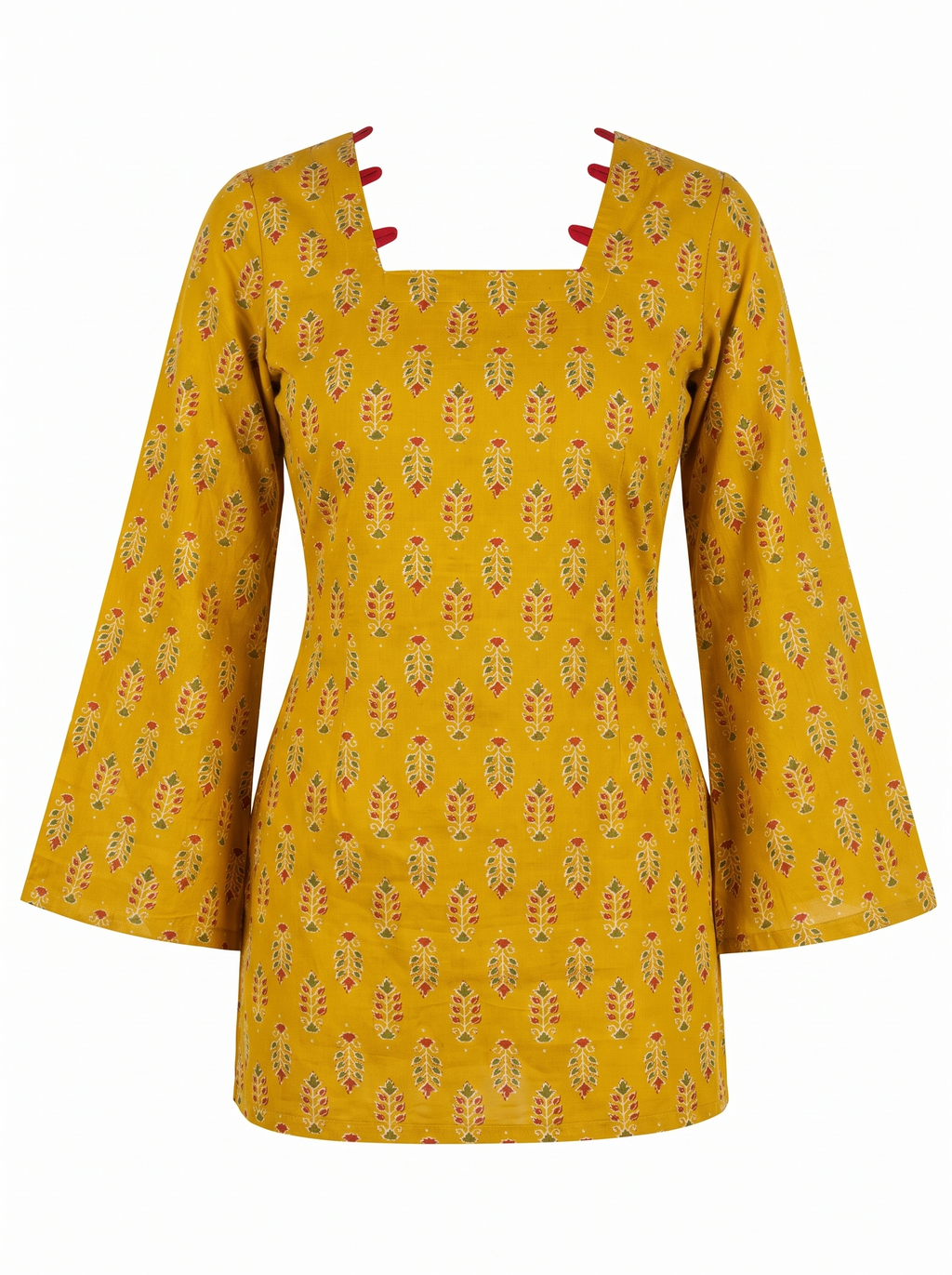 Mustard Yellow Printed Short Kurti with Corset Back Tie & Bell Sleeves