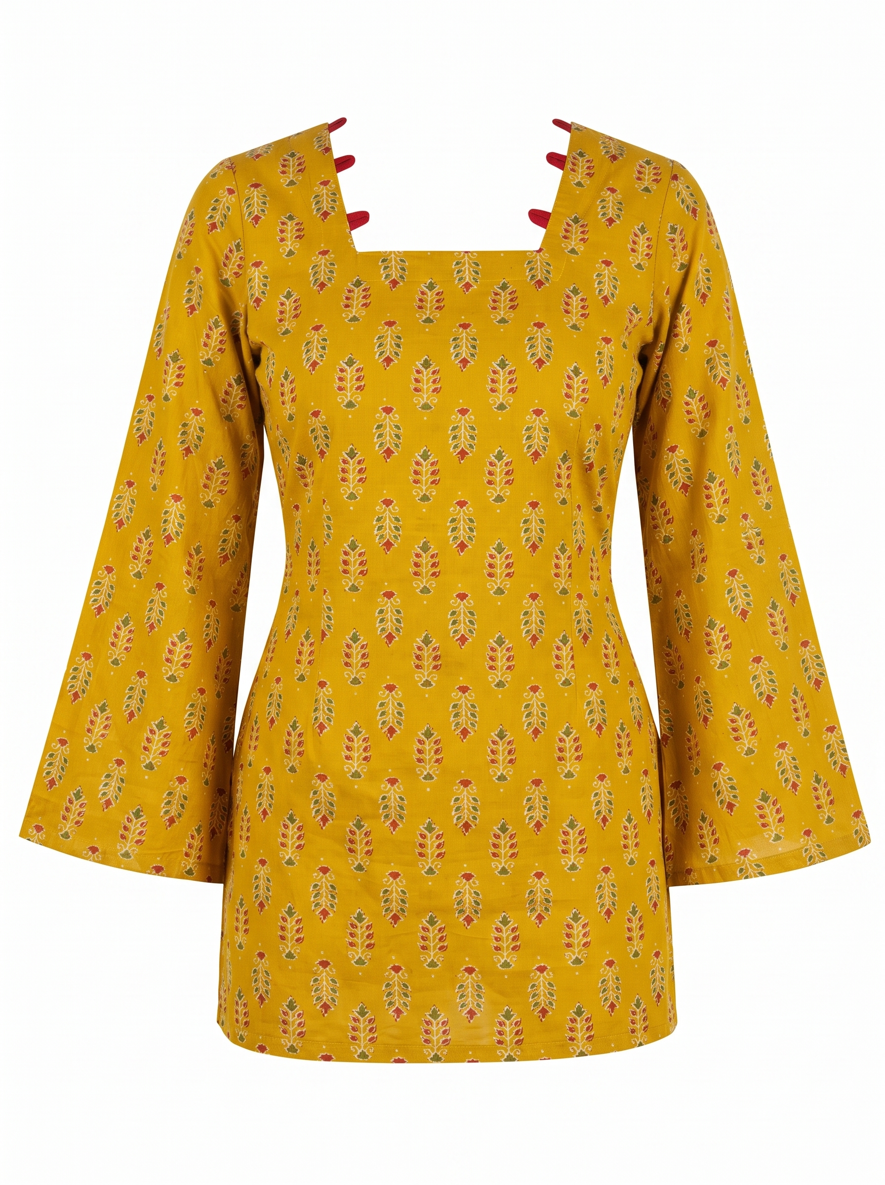 Mustard Yellow Printed Short Kurti with Corset Back Tie & Bell Sleeves