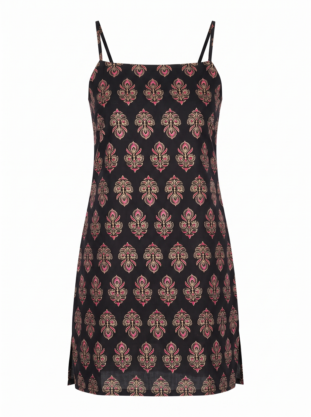 Black Block Printed Spaghetti Strap Short Kurti with Lace-Up Corset Back