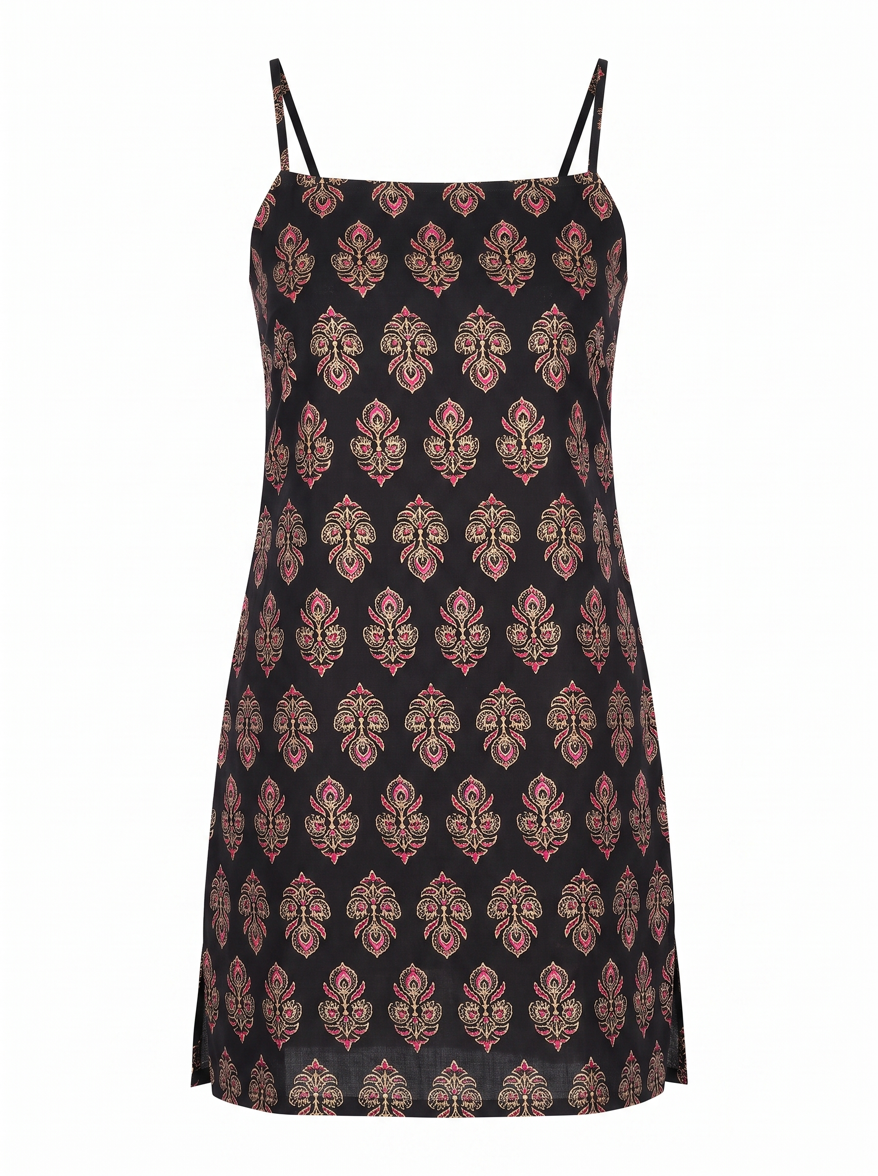 Black Block Printed Spaghetti Strap Short Kurti with Lace-Up Corset Back