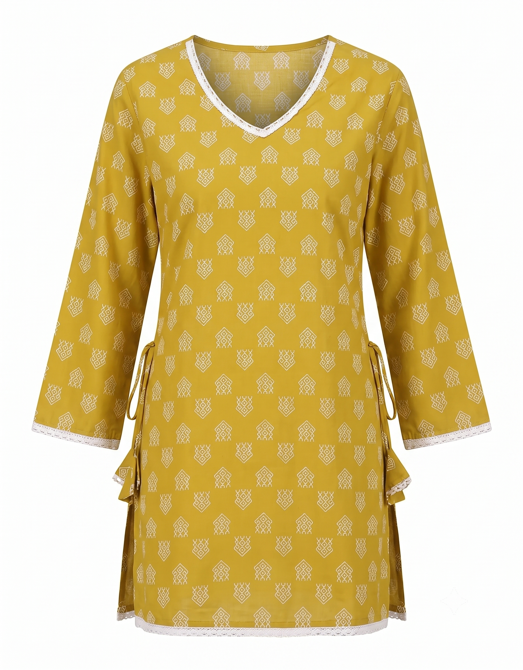 Mustard Yellow Geometric Print V-Neck Tunic with Lace-Up Corset Back