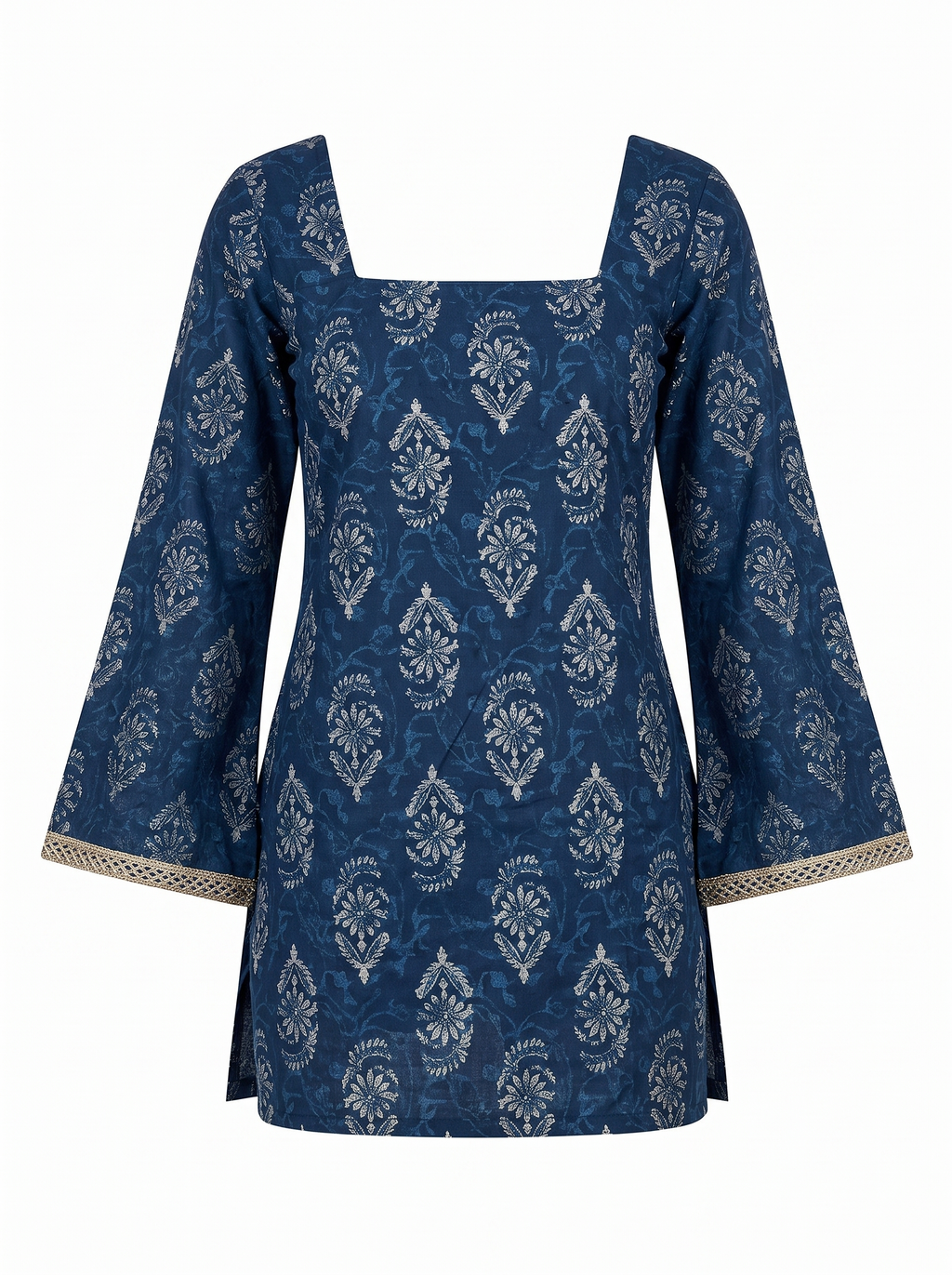 Indigo Blue Block Print Short Kurti with Corset Back Tie & Flared Sleeves