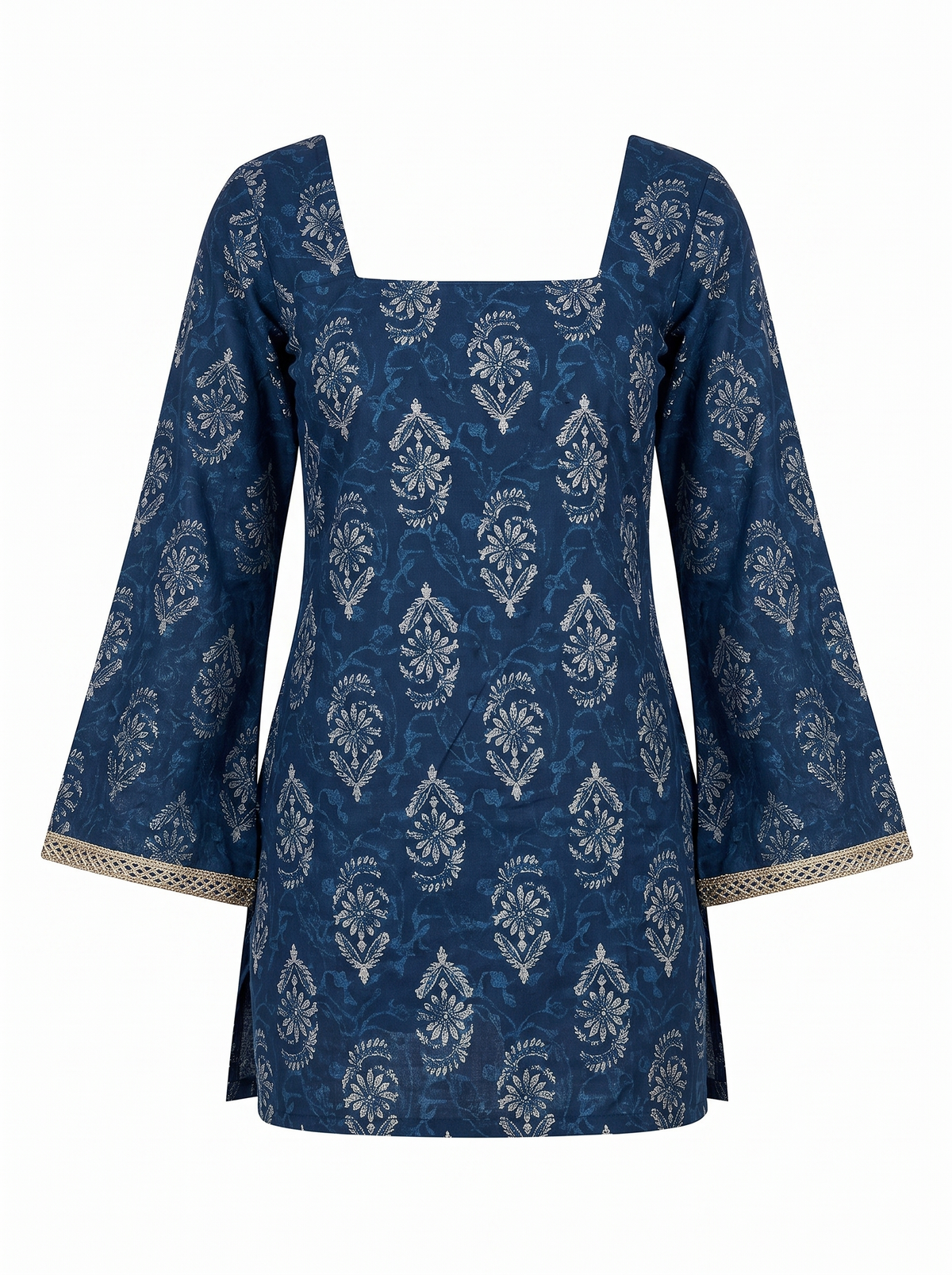 Indigo Blue Block Print Short Kurti with Corset Back Tie & Flared Sleeves