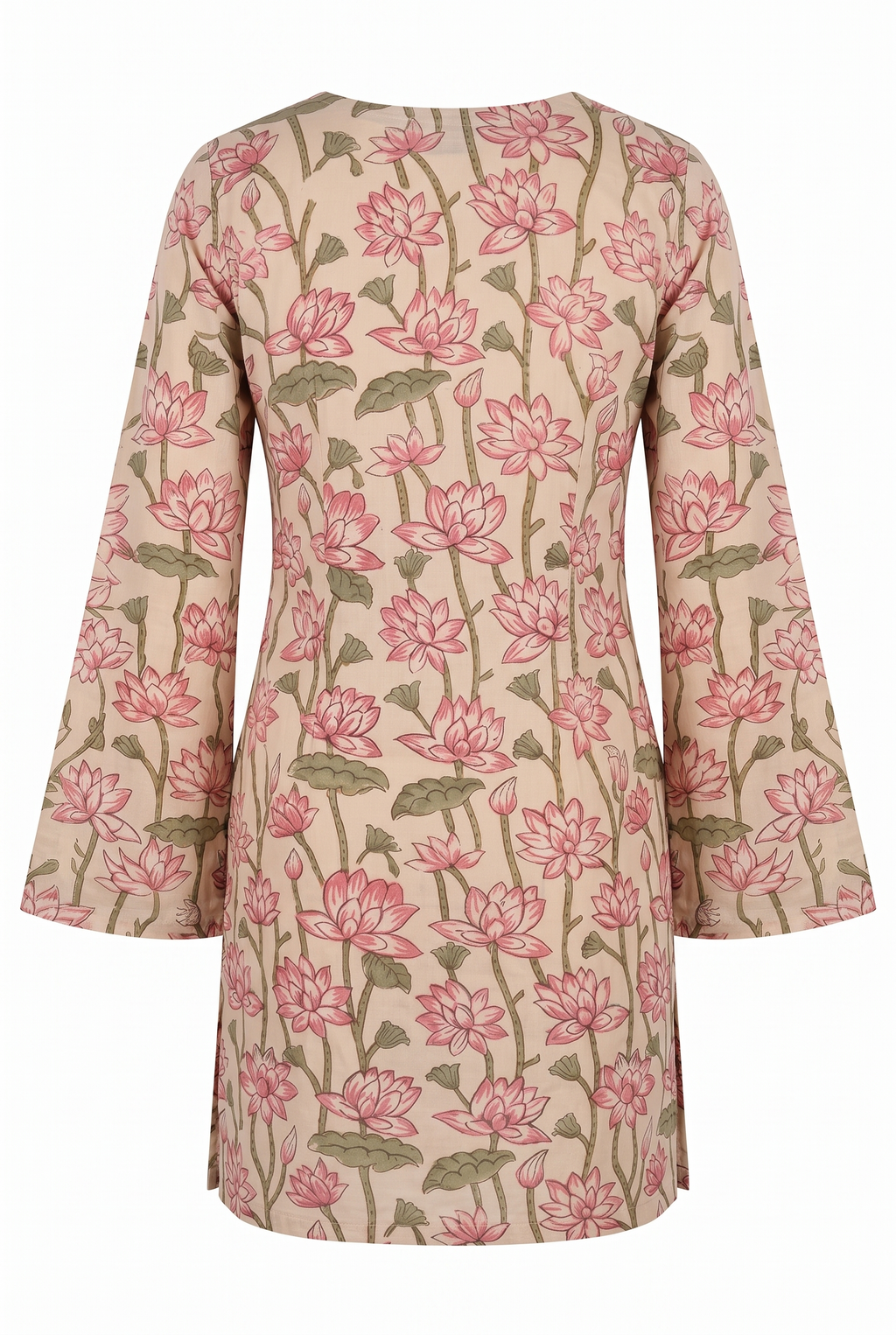 Cream & Pink Lotus Block Print Cotton Short Kurti with Square Neck & Flared Sleeves