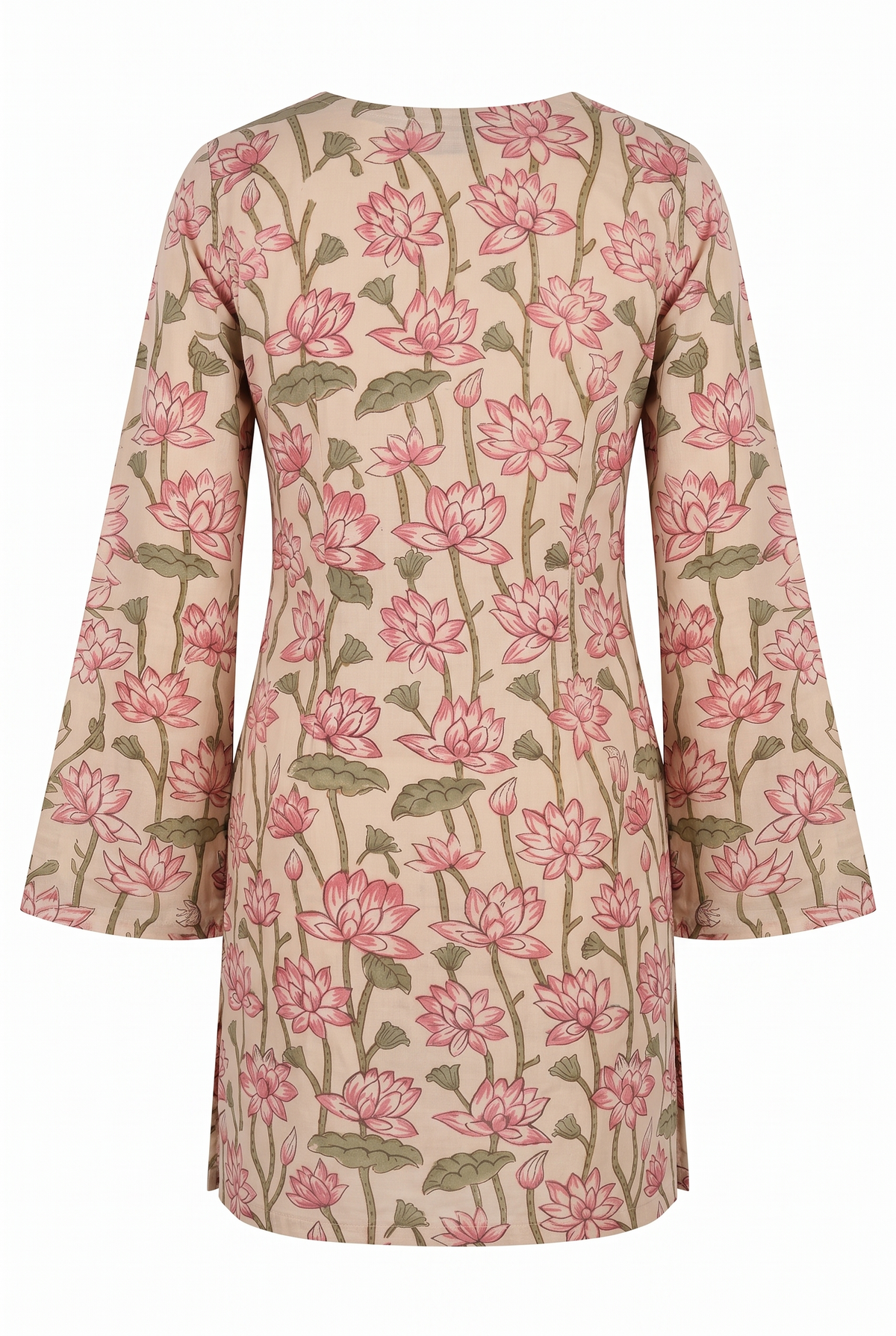 Cream & Pink Lotus Block Print Cotton Short Kurti with Square Neck & Flared Sleeves