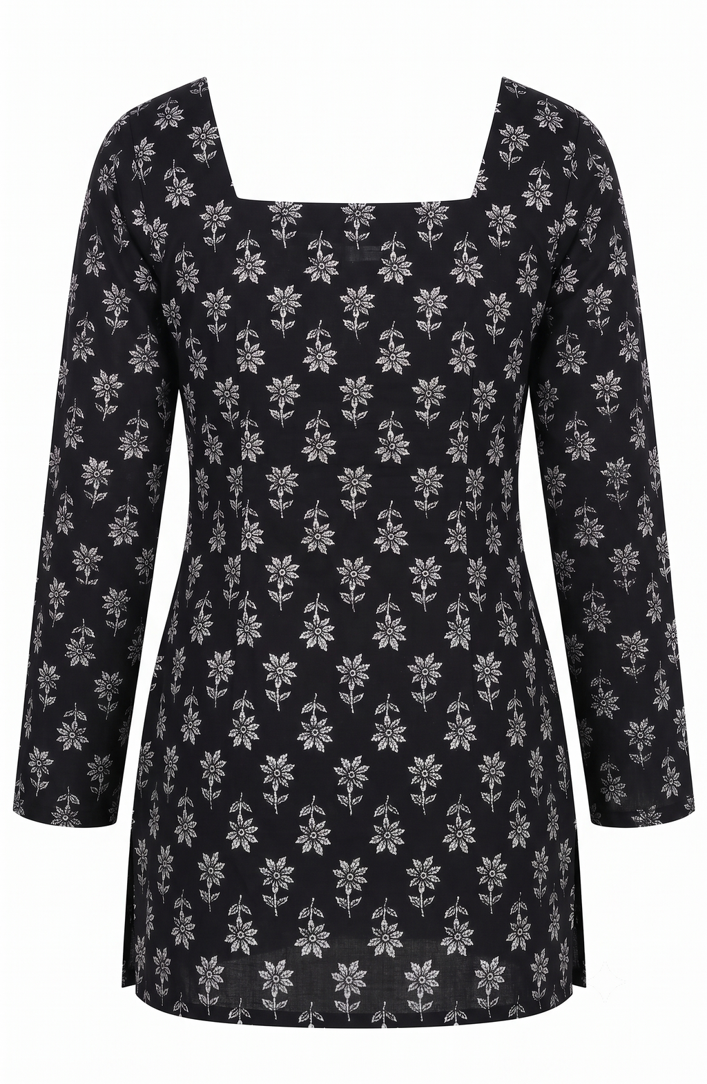 Black Floral Block Print Square Neck Tunic with Lace-Up Corset Back