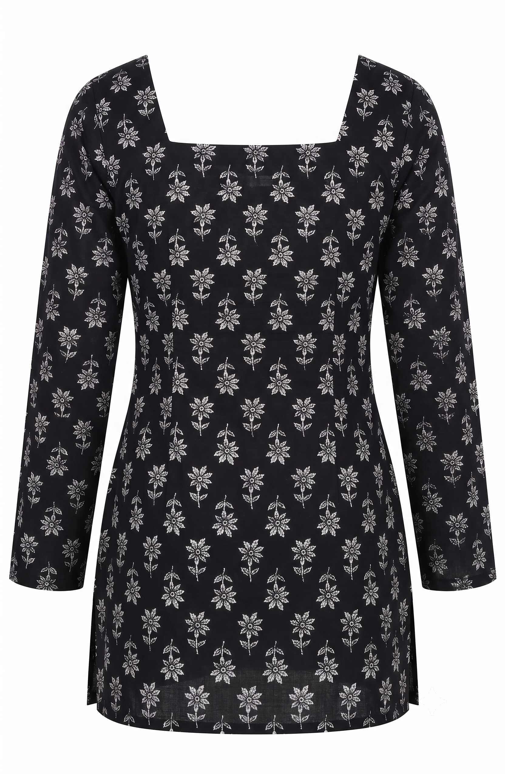 Black Floral Block Print Square Neck Tunic with Lace-Up Corset Back