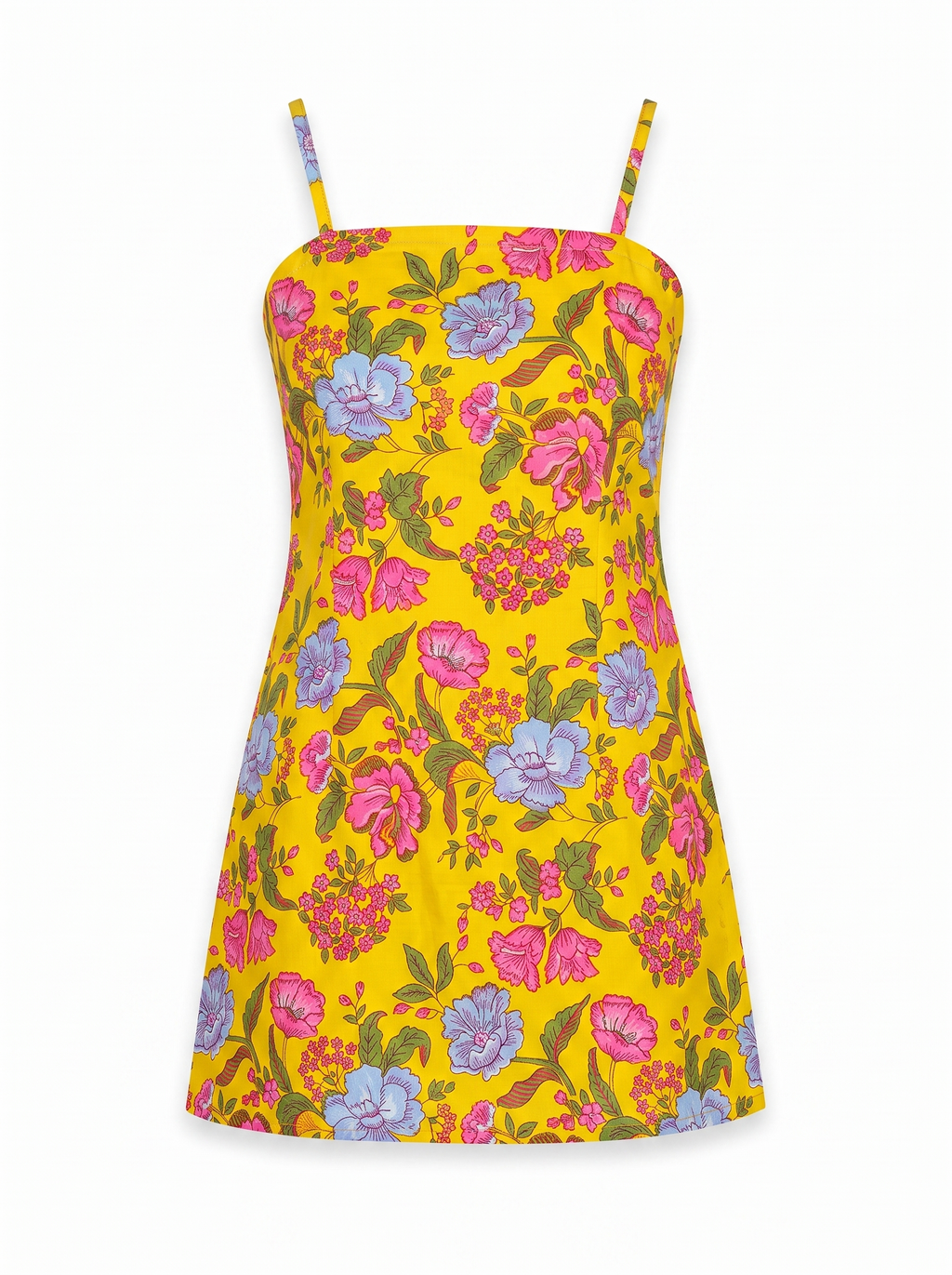 Yellow Floral Spaghetti Strap,padded Short Kurti with Lace-Up Criss-Cross Back