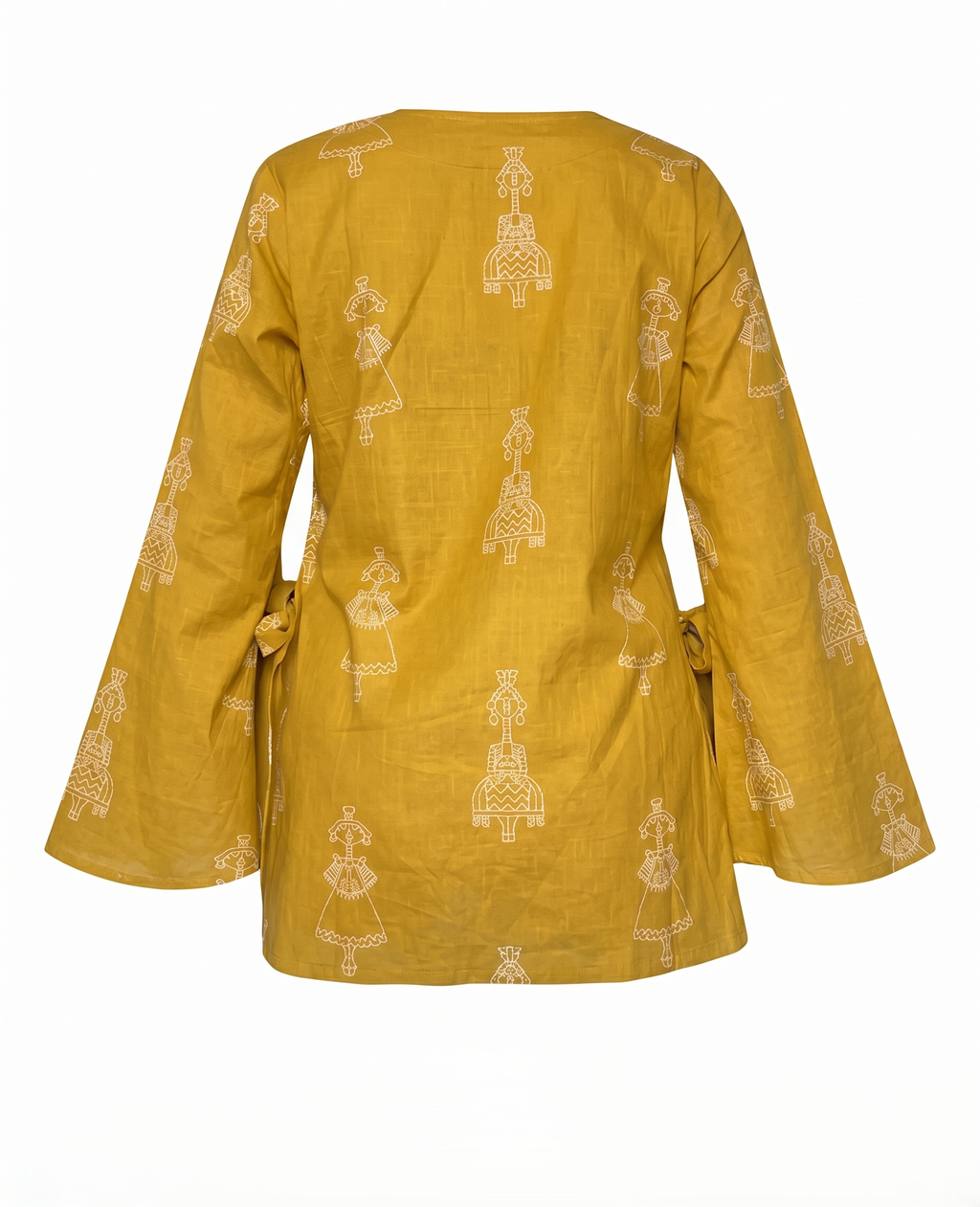 Mustard Yellow Printed Cotton Short Kurti with Bell Sleeves & Side Bow Ties