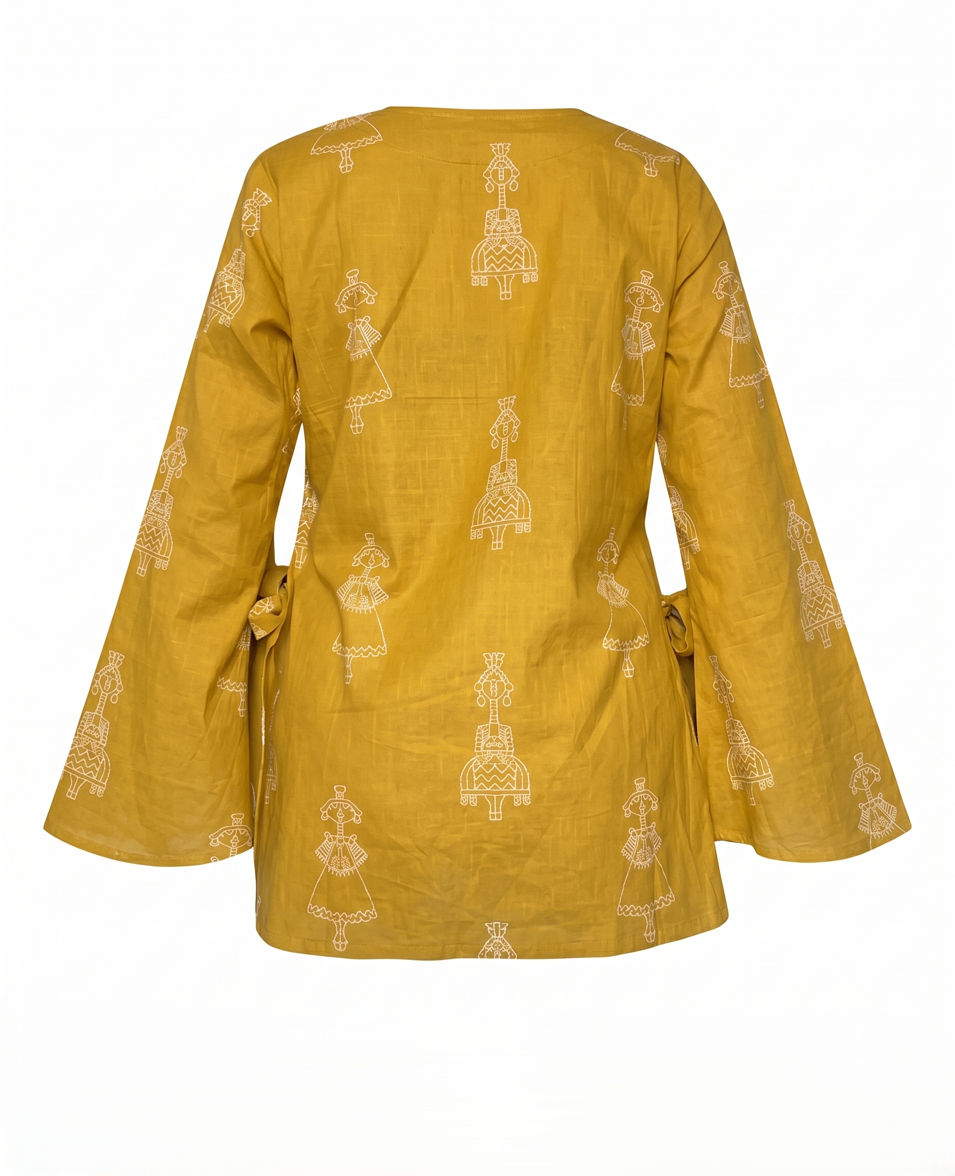 Mustard Yellow Printed Cotton Short Kurti with Bell Sleeves & Side Bow Ties