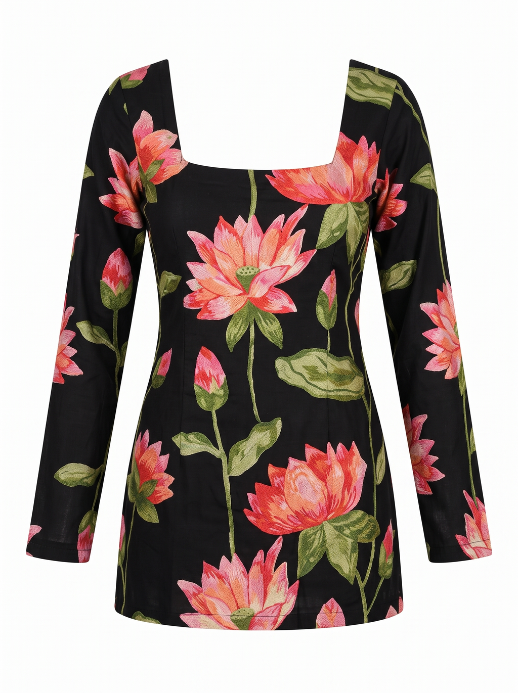 Midnight Black Lotus Print Short Kurti – Indo-Western Square Neck Cotton Tunic Top
