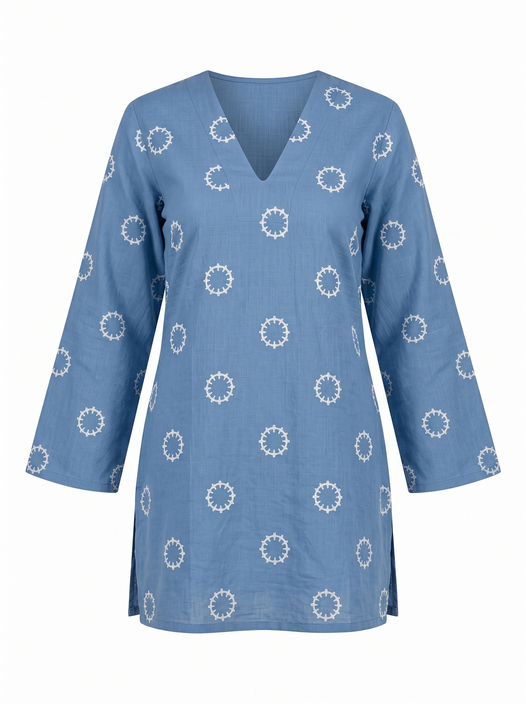 Powder Blue Print V-Neck Side-Slit Short Kurti Top