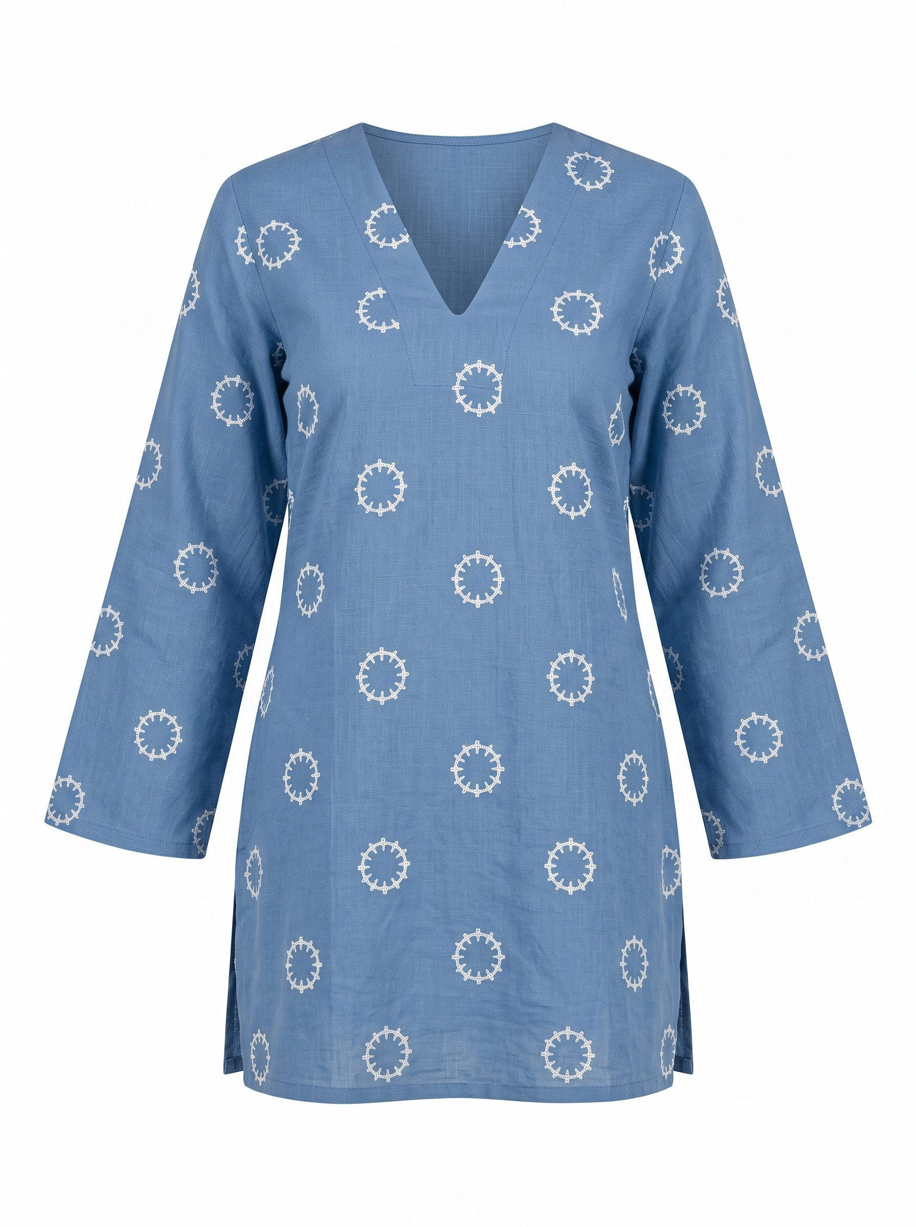 Powder Blue Print V-Neck Side-Slit Short Kurti Top