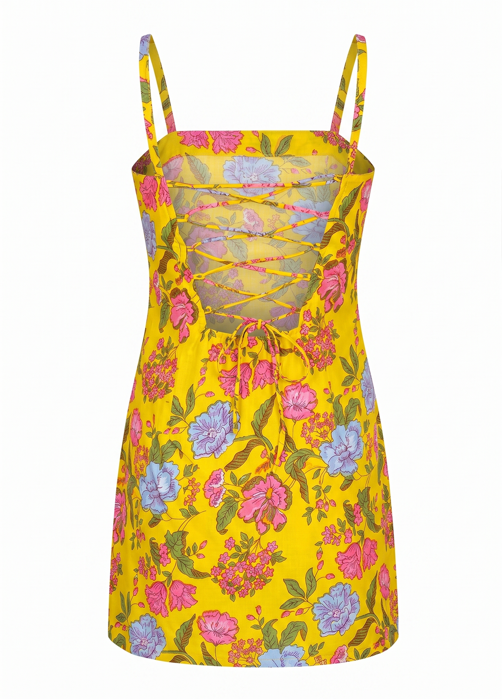 Yellow Floral Spaghetti Strap,padded Short Kurti with Lace-Up Criss-Cross Back