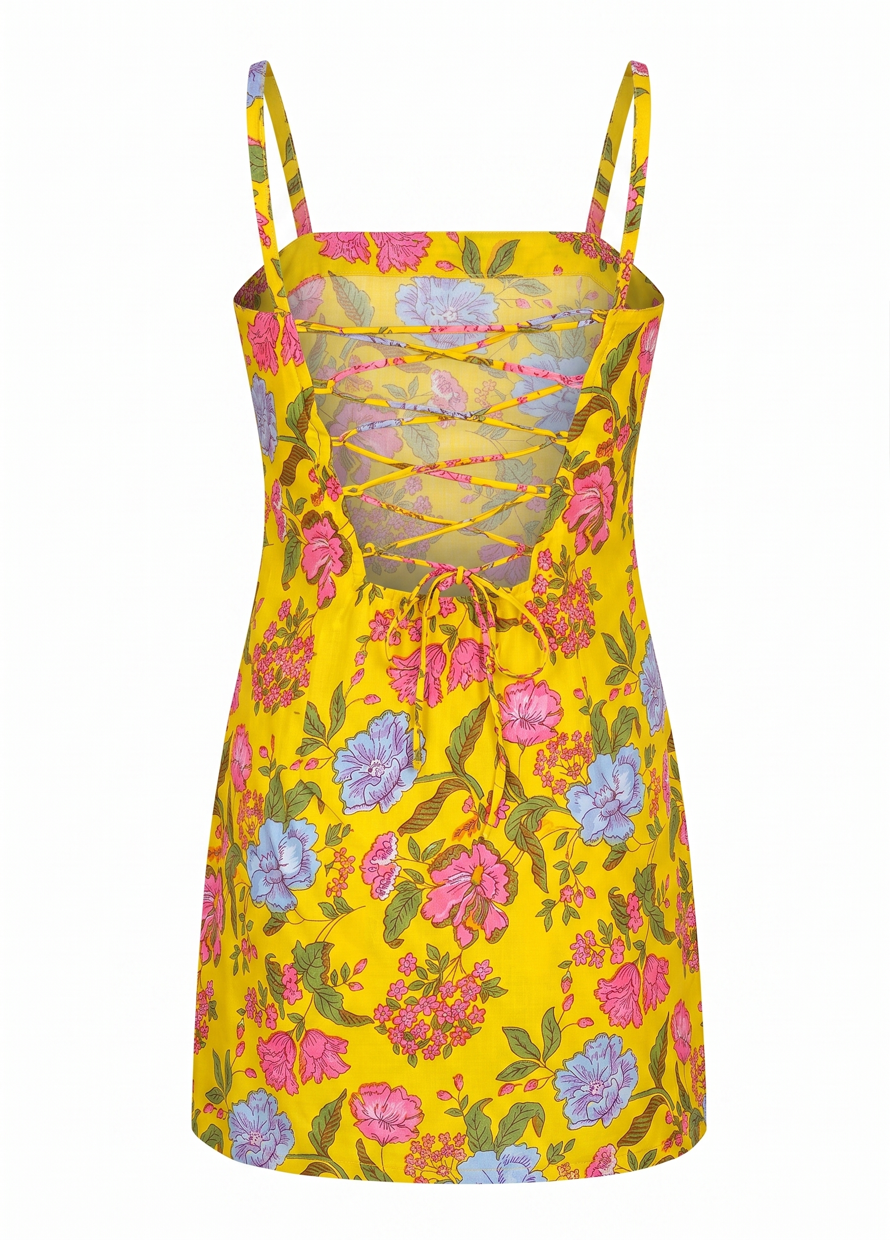 Yellow Floral Spaghetti Strap,padded Short Kurti with Lace-Up Criss-Cross Back