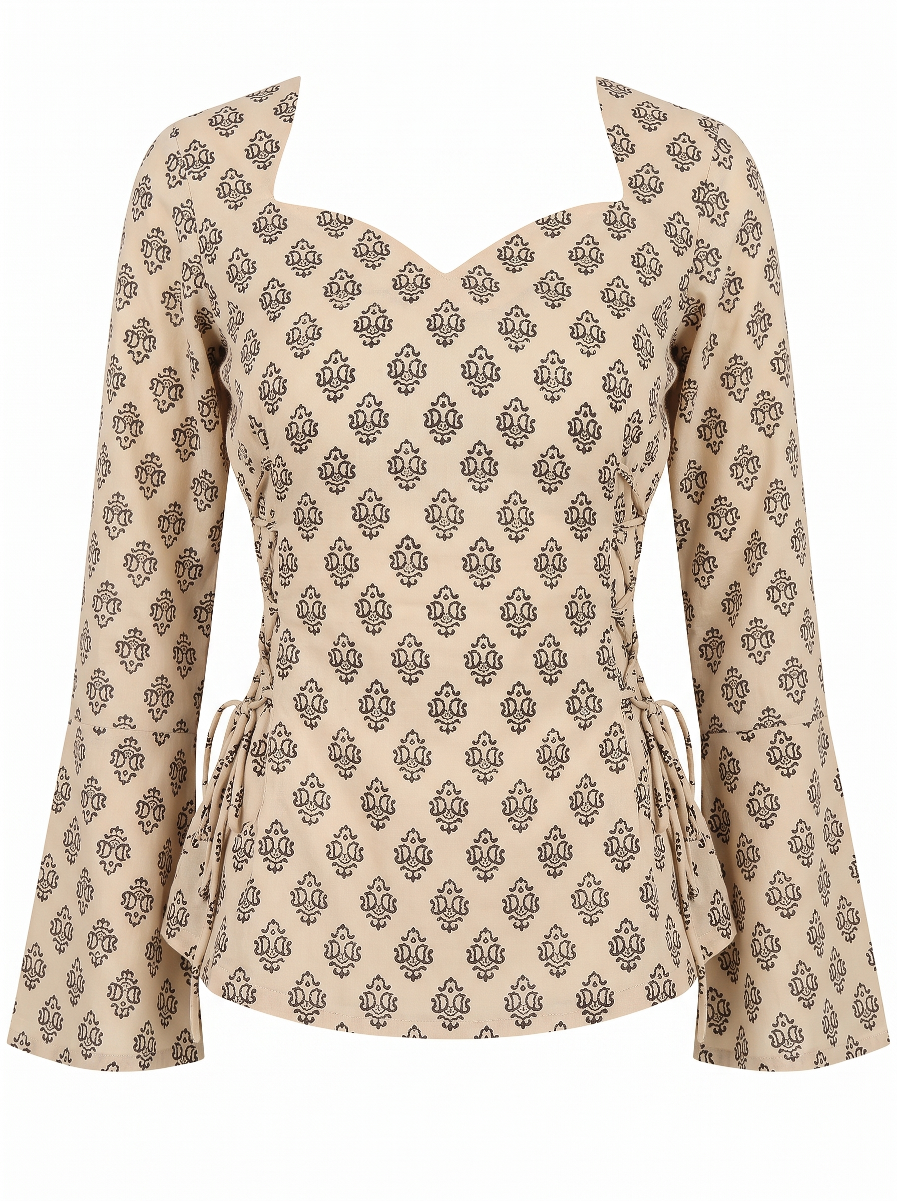 Women's Printed Sweetheart Neck Short Kurti with Side Corset Dori Details