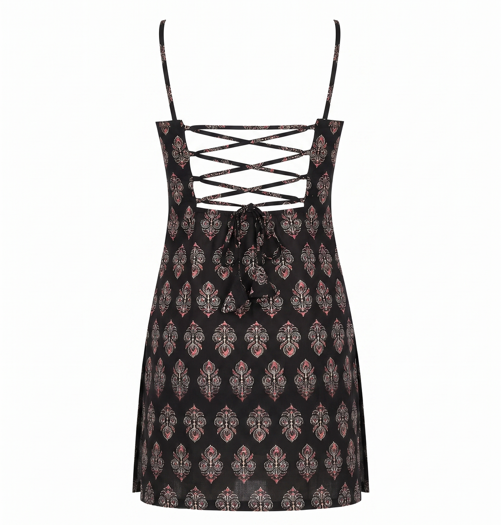 Black Block Printed Spaghetti Strap Short Kurti with Lace-Up Corset Back