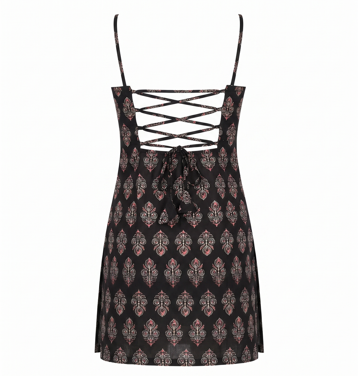Black Block Printed Spaghetti Strap Short Kurti with Lace-Up Corset Back