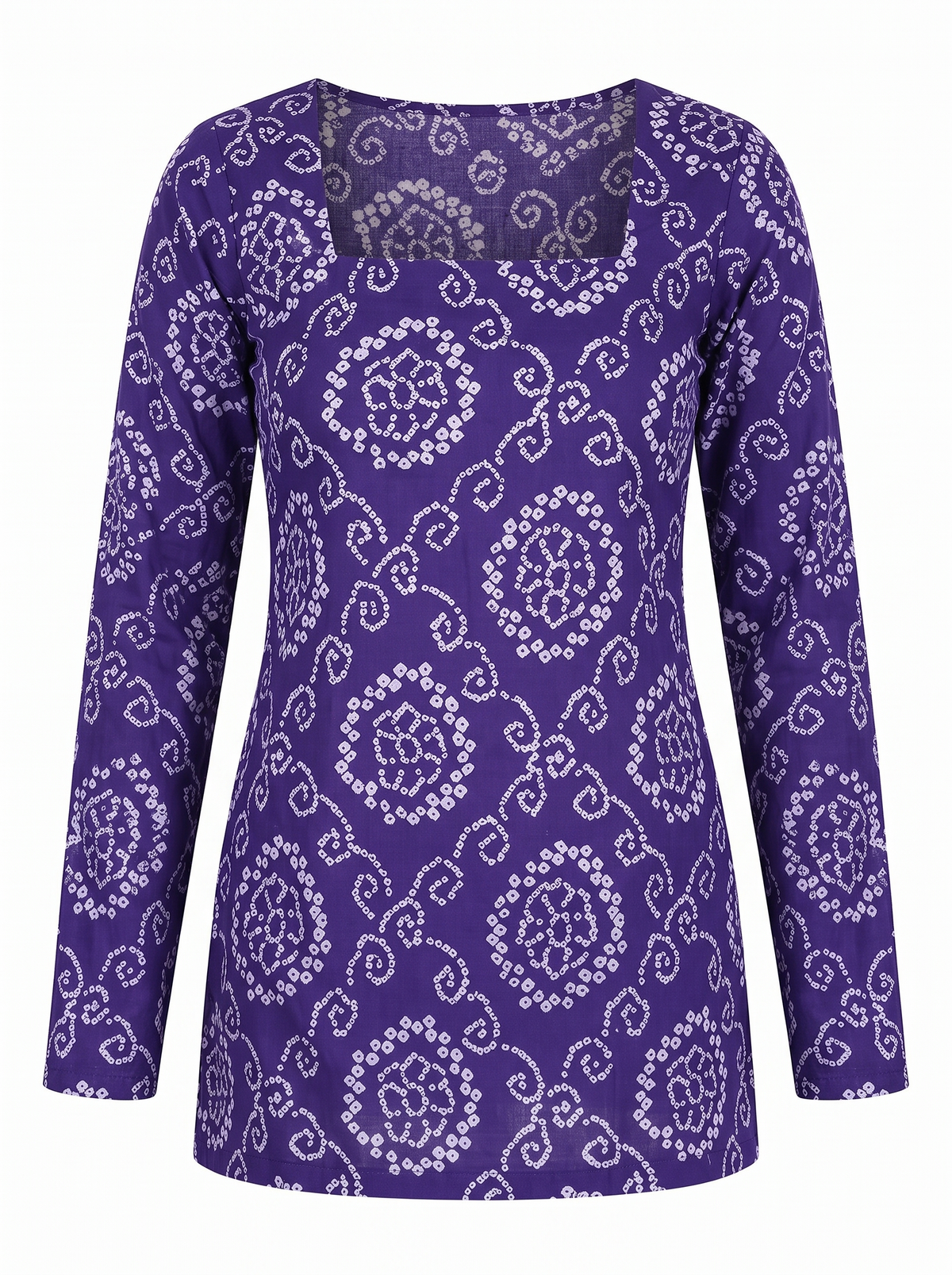 Purple Bandhani Print Cotton Short Kurti with Square Neck & Full Sleeves
