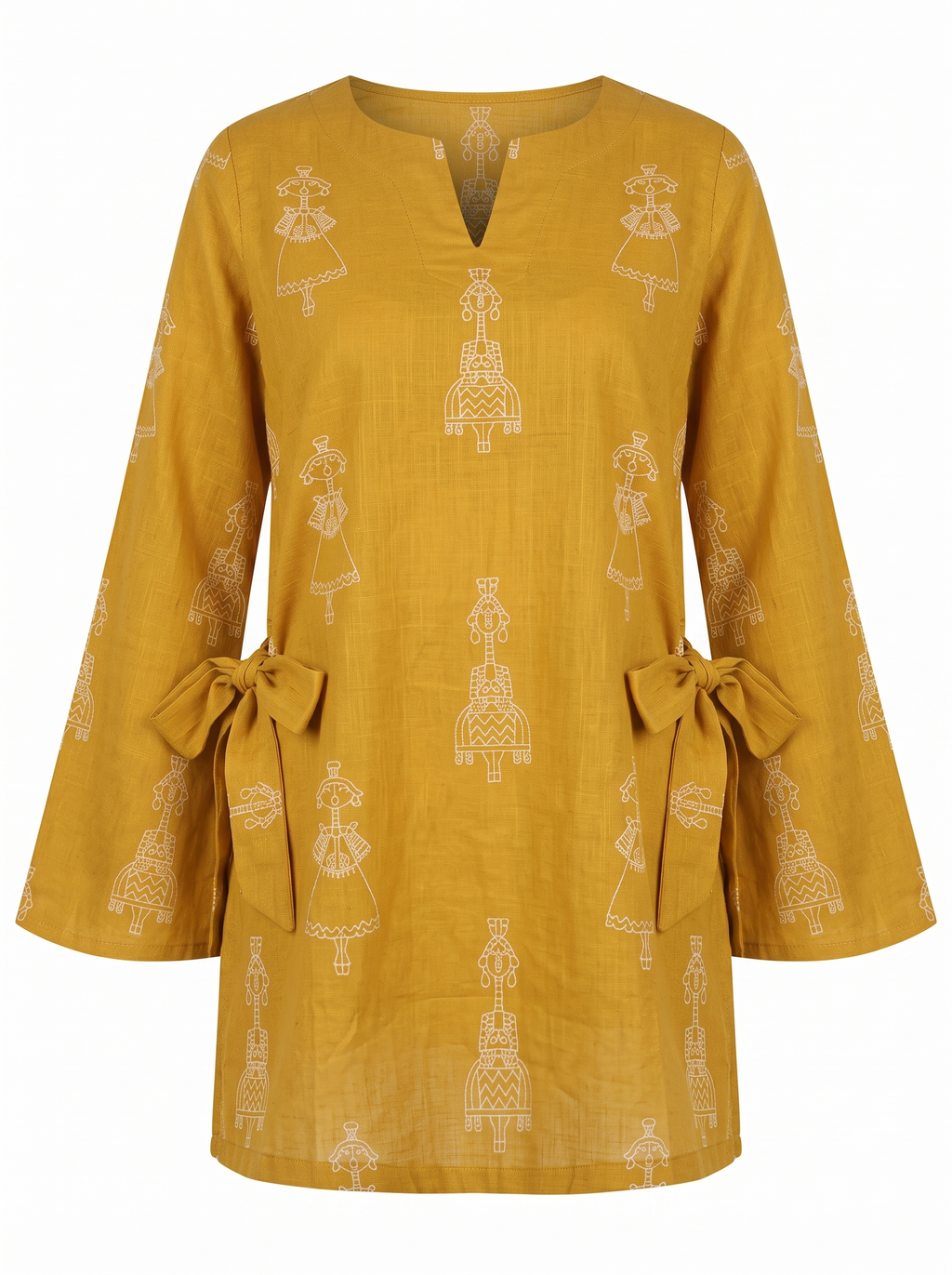 Mustard Yellow Printed Cotton Short Kurti with Bell Sleeves & Side Bow Ties