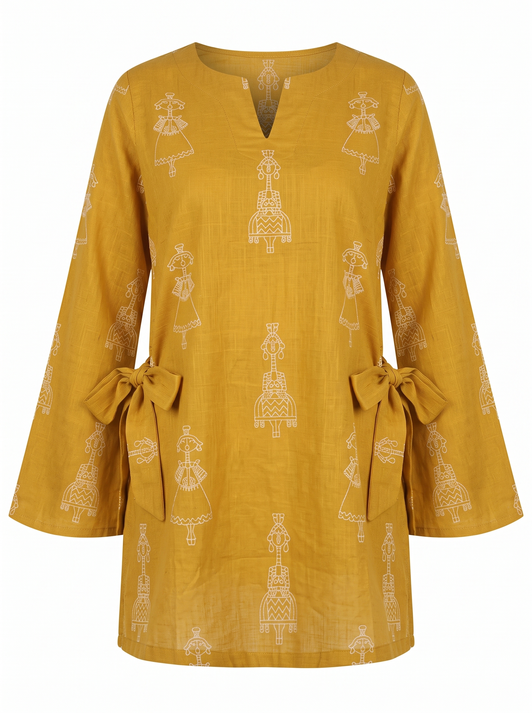Mustard Yellow Printed Cotton Short Kurti with Bell Sleeves & Side Bow Ties