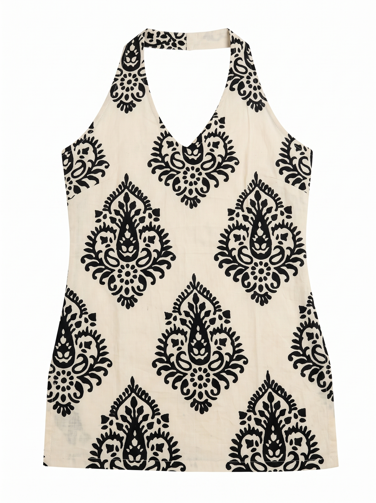 Boho Black Paisley Printed Halter Top – Beige Ethnic Fusion Short Kurti