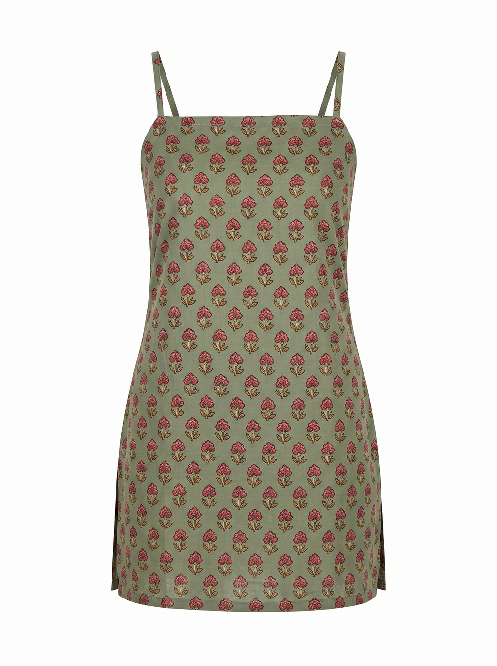 Sage Green Floral Spaghetti Strap Cotton Short Kurti Top