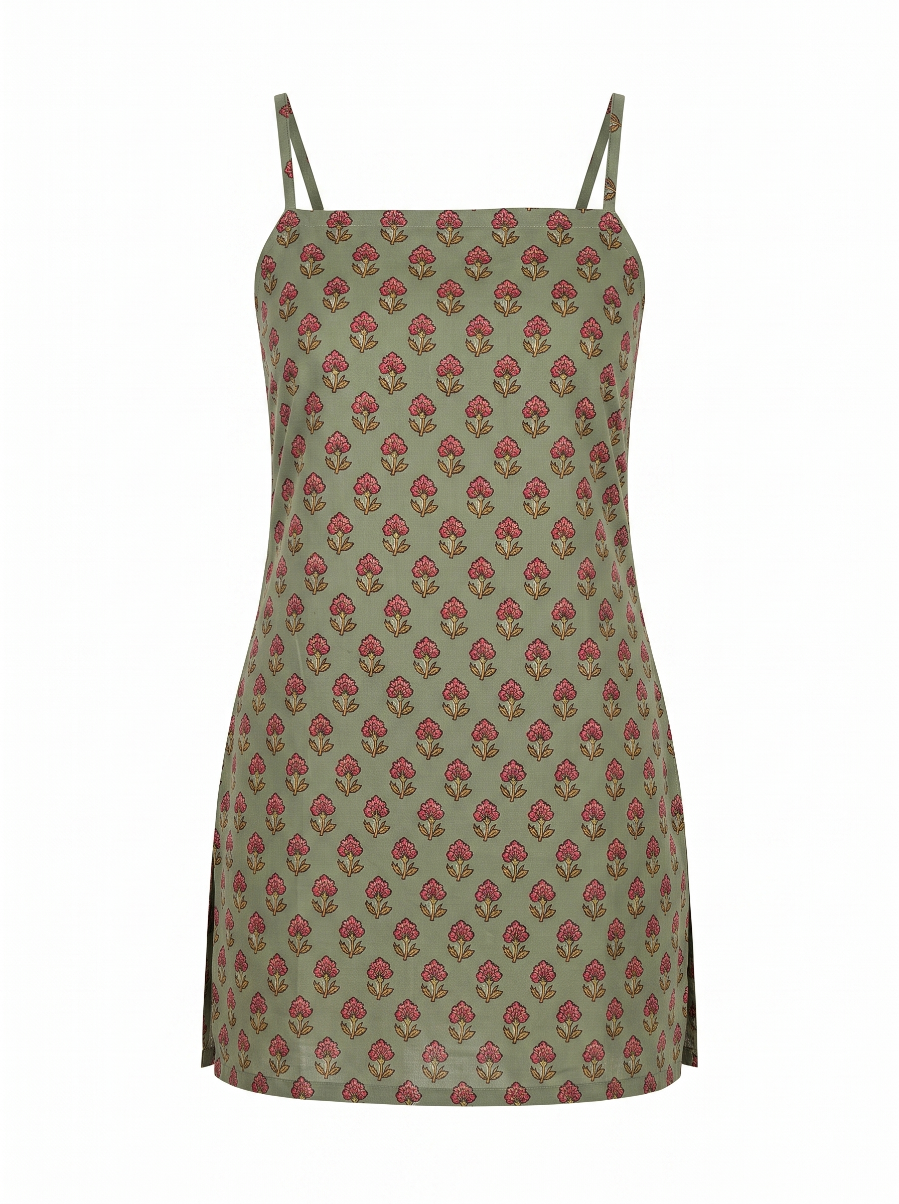 Sage Green Floral Spaghetti Strap Cotton Short Kurti Top