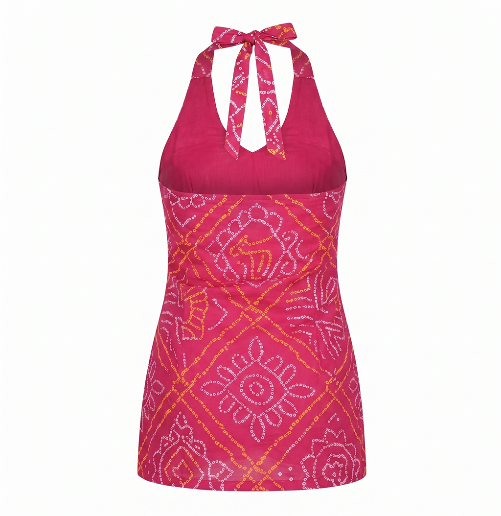 Fuchsia Pink Bandhani Tie-Up Halter Top – Boho Ethnic Fusion Short Kurti