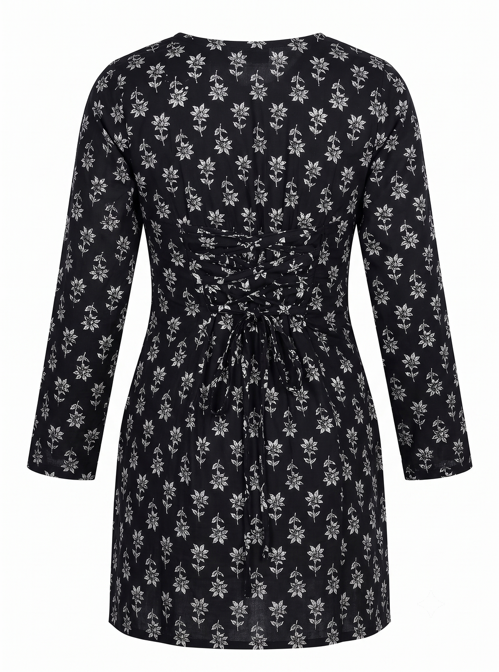 Black Floral Block Print Square Neck Tunic with Lace-Up Corset Back
