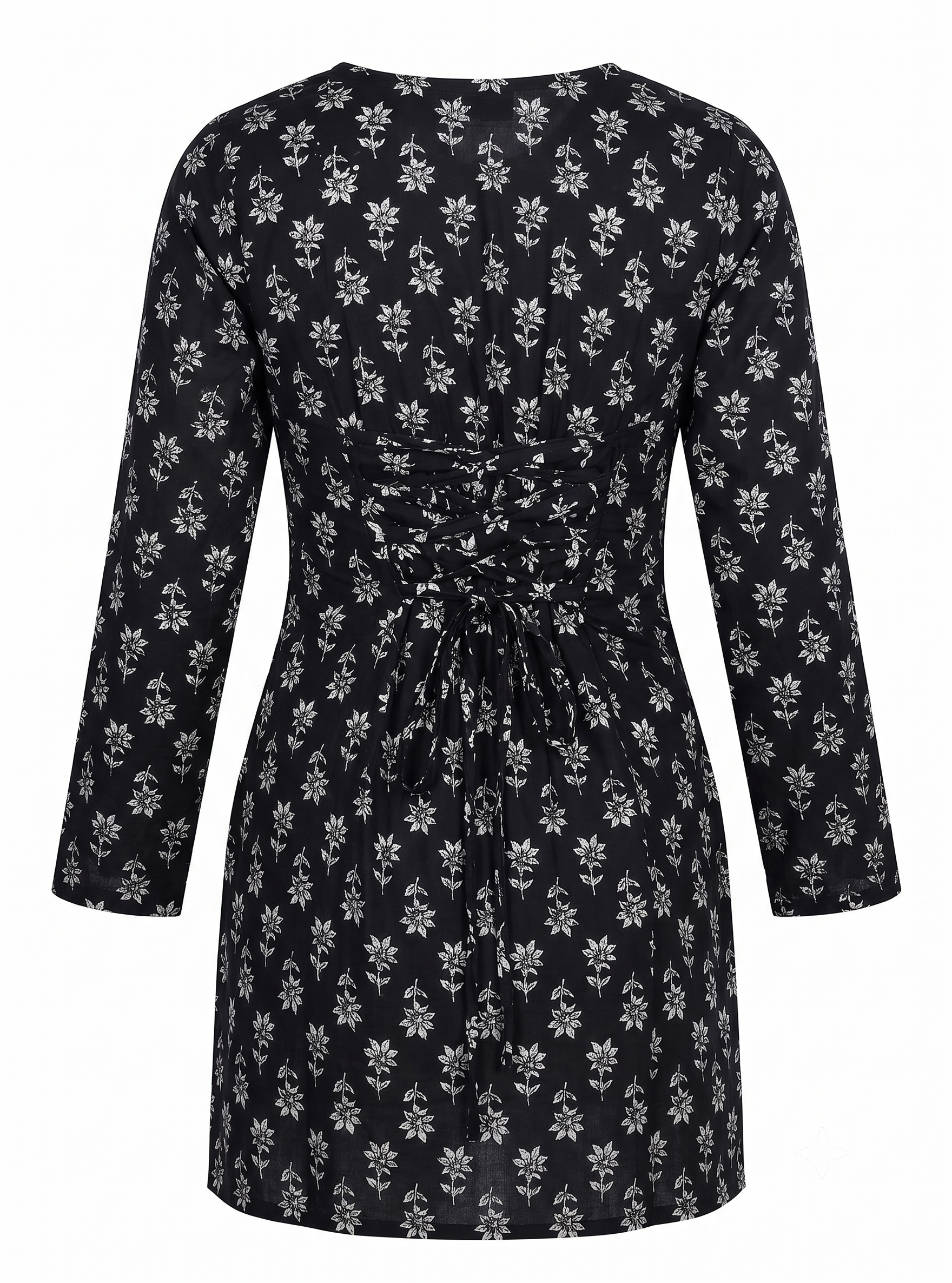 Black Floral Block Print Square Neck Tunic with Lace-Up Corset Back