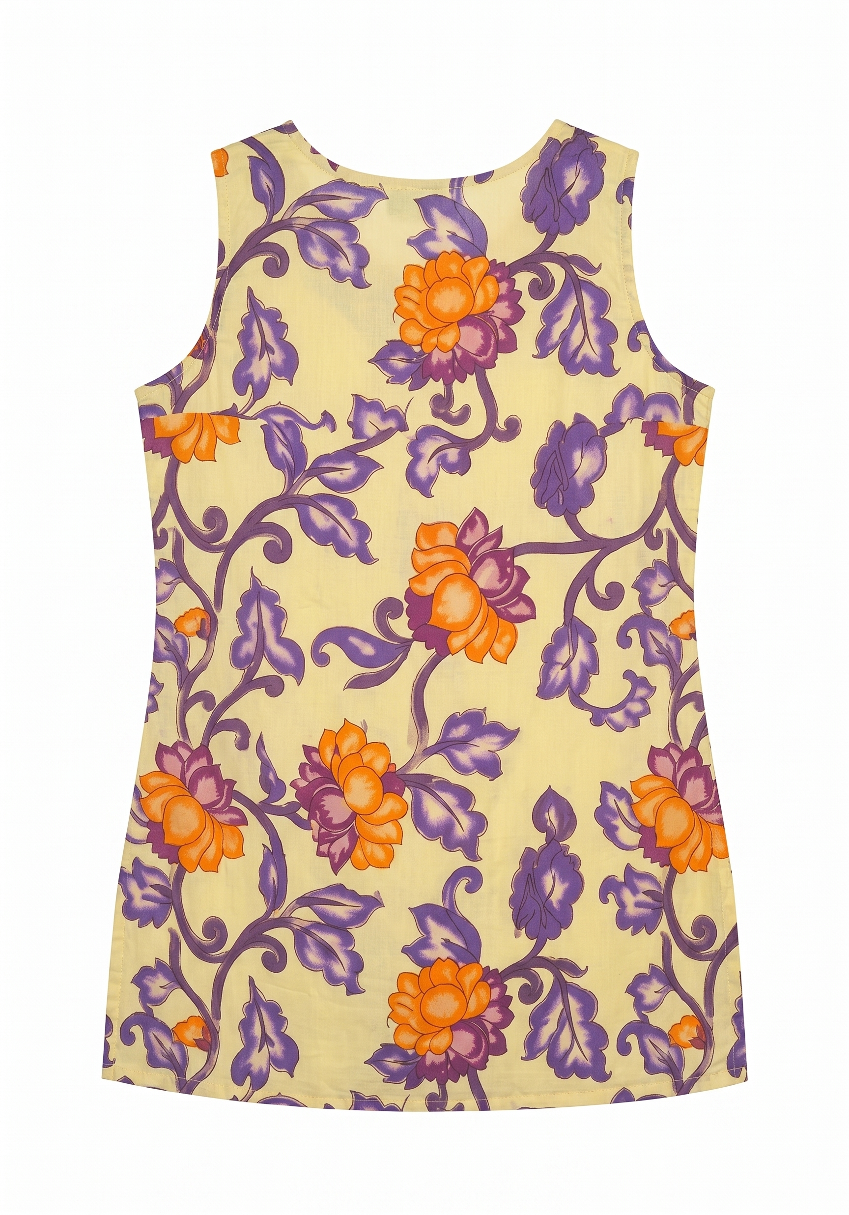 Yellow Bold Lotus Printed Sleeveless Side-Slit Short Kurti