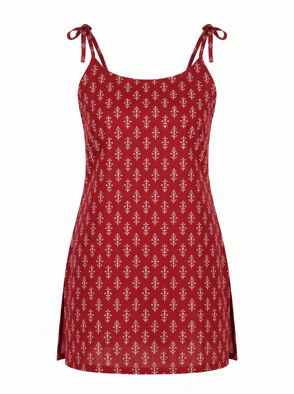 Red Ethnic Printed Strappy Short Kurti with Shoulder Tie-Up Bows