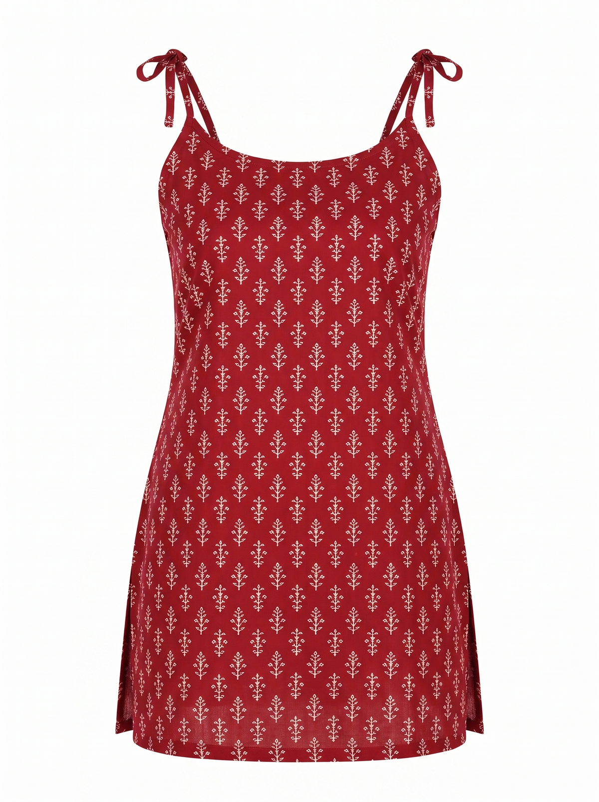 Red Ethnic Printed Strappy Short Kurti with Shoulder Tie-Up Bows
