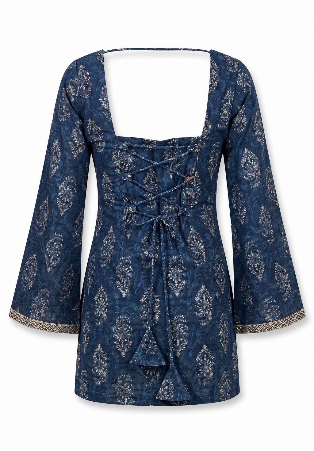 Indigo Blue Block Print Short Kurti with Corset Back Tie & Flared Sleeves