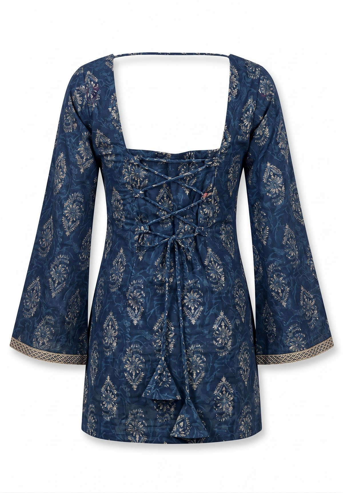 Indigo Blue Block Print Short Kurti with Corset Back Tie & Flared Sleeves