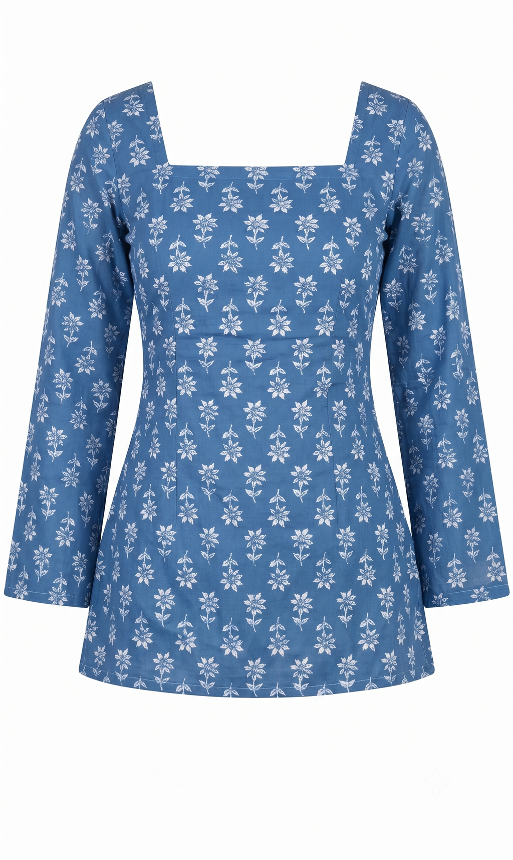 Indigo Blue Floral Print Square Neck Tunic with Lace-Up Corset Back
