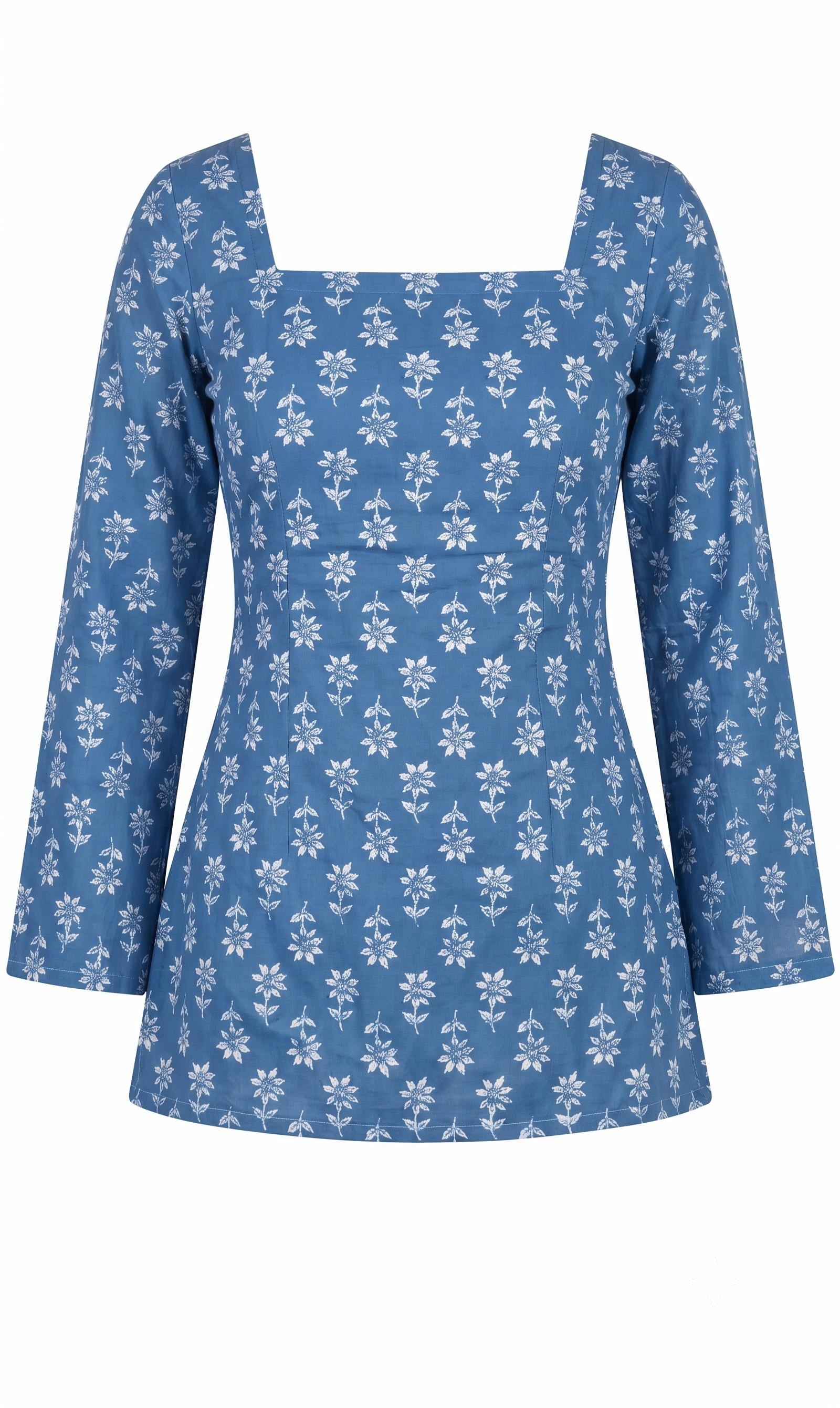 Indigo Blue Floral Print Square Neck Tunic with Lace-Up Corset Back