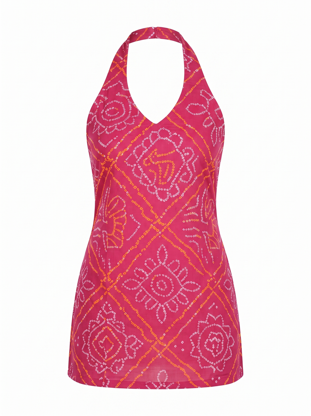 Fuchsia Pink Bandhani Tie-Up Halter Top – Boho Ethnic Fusion Short Kurti