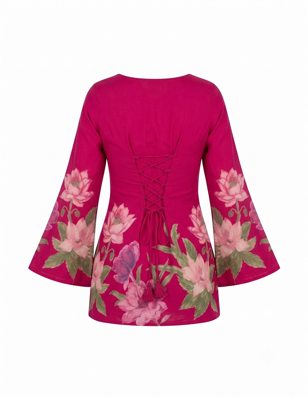 Fuchsia Floral Bell Sleeve Blouse with Lace-Up Corset Back