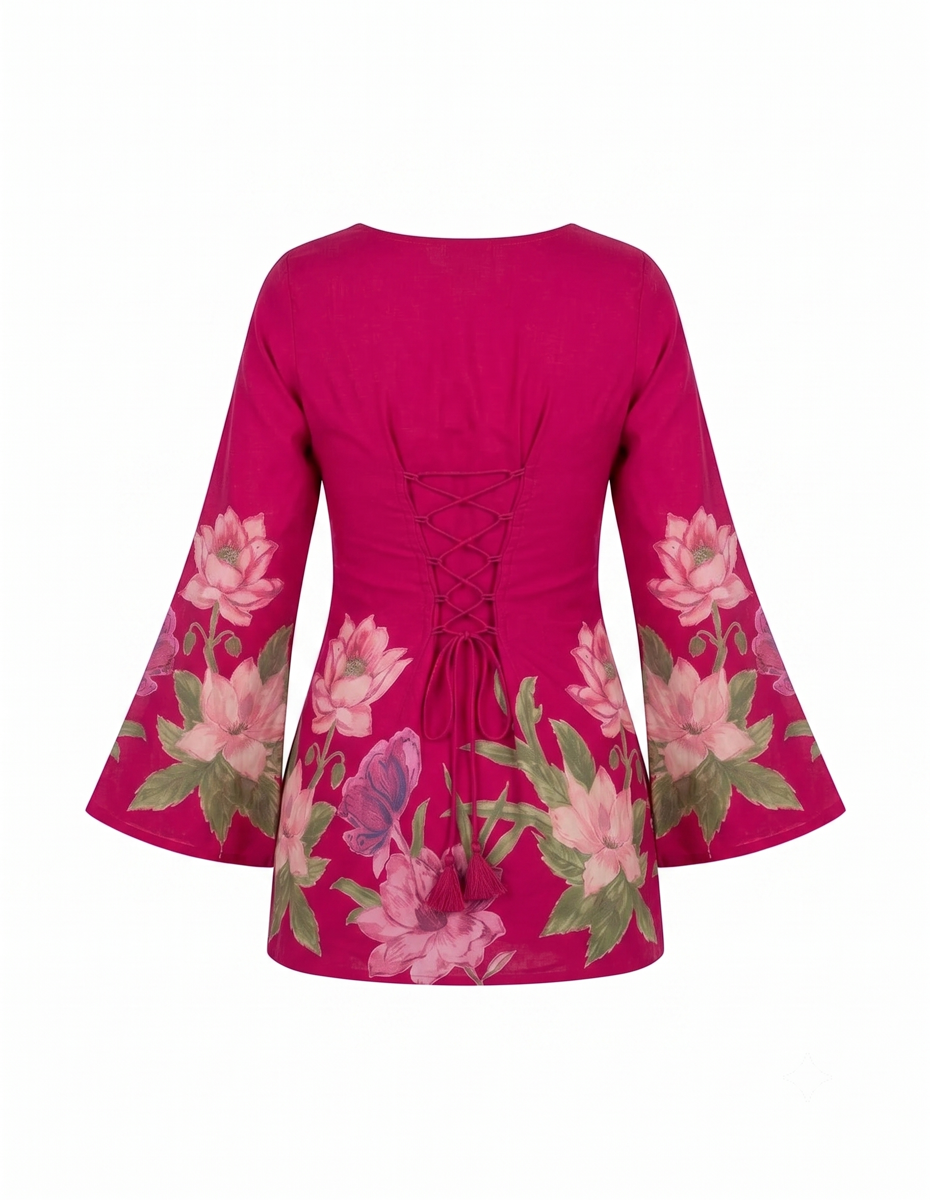 Fuchsia Floral Bell Sleeve Blouse with Lace-Up Corset Back