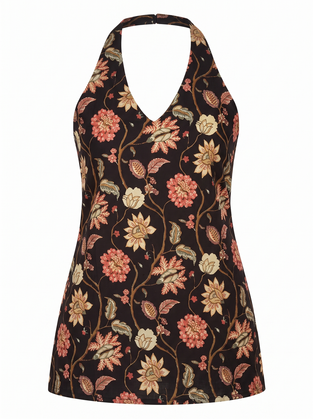 Black Floral Kalamkari Printed Halter Neck Short Kurti Top – Sleeveless Backless Indo-Western Top for Women