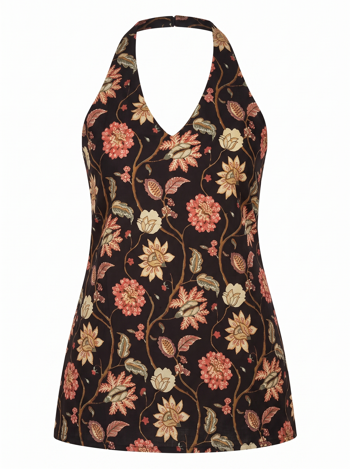 Black Floral Kalamkari Printed Halter Neck Short Kurti Top – Sleeveless Backless Indo-Western Top for Women