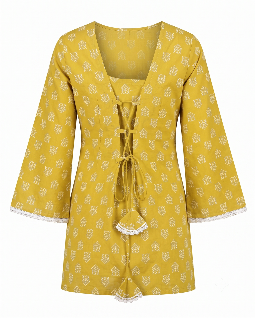 Mustard Yellow Geometric Print V-Neck Tunic with Lace-Up Corset Back