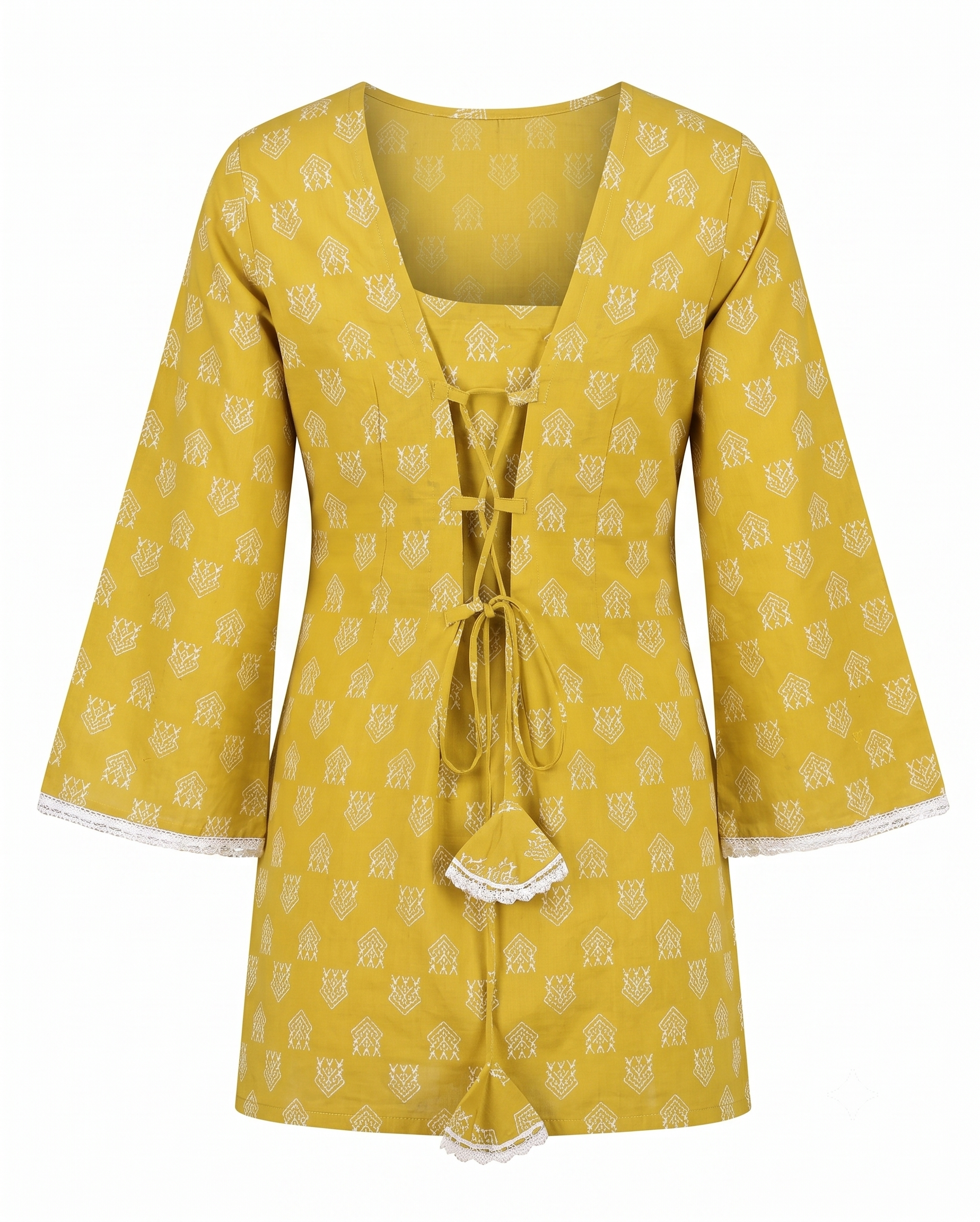 Mustard Yellow Geometric Print V-Neck Tunic with Lace-Up Corset Back